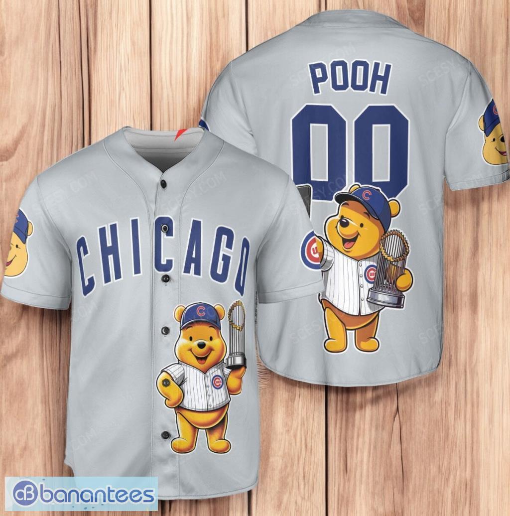 chicago cubs x winnie the pooh with trophy personalized baseball jersey shirt gray limited edition image Chicago Cubs x Winnie the Pooh with Trophy Personalized Baseball Jersey Shirt Gray Limited Edition Product Photo 1