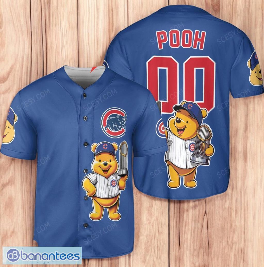 chicago cubs x winnie the pooh with trophy personalized baseball jersey shirt royal limited edition image Chicago Cubs x Winnie the Pooh with Trophy Personalized Baseball Jersey Shirt Royal Limited Edition Product Photo 1