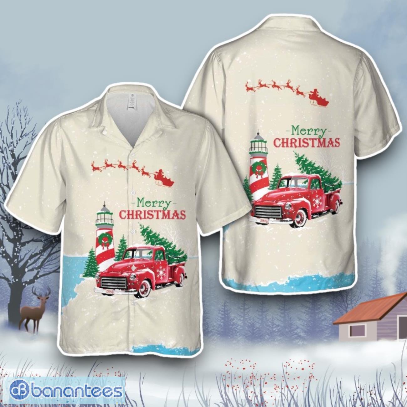 christmas vintage red truck with lighthouse and pine tree hawaiian shirt image Christmas Vintage Red Truck With Lighthouse, And Pine Tree Hawaiian Shirt Product Photo 1