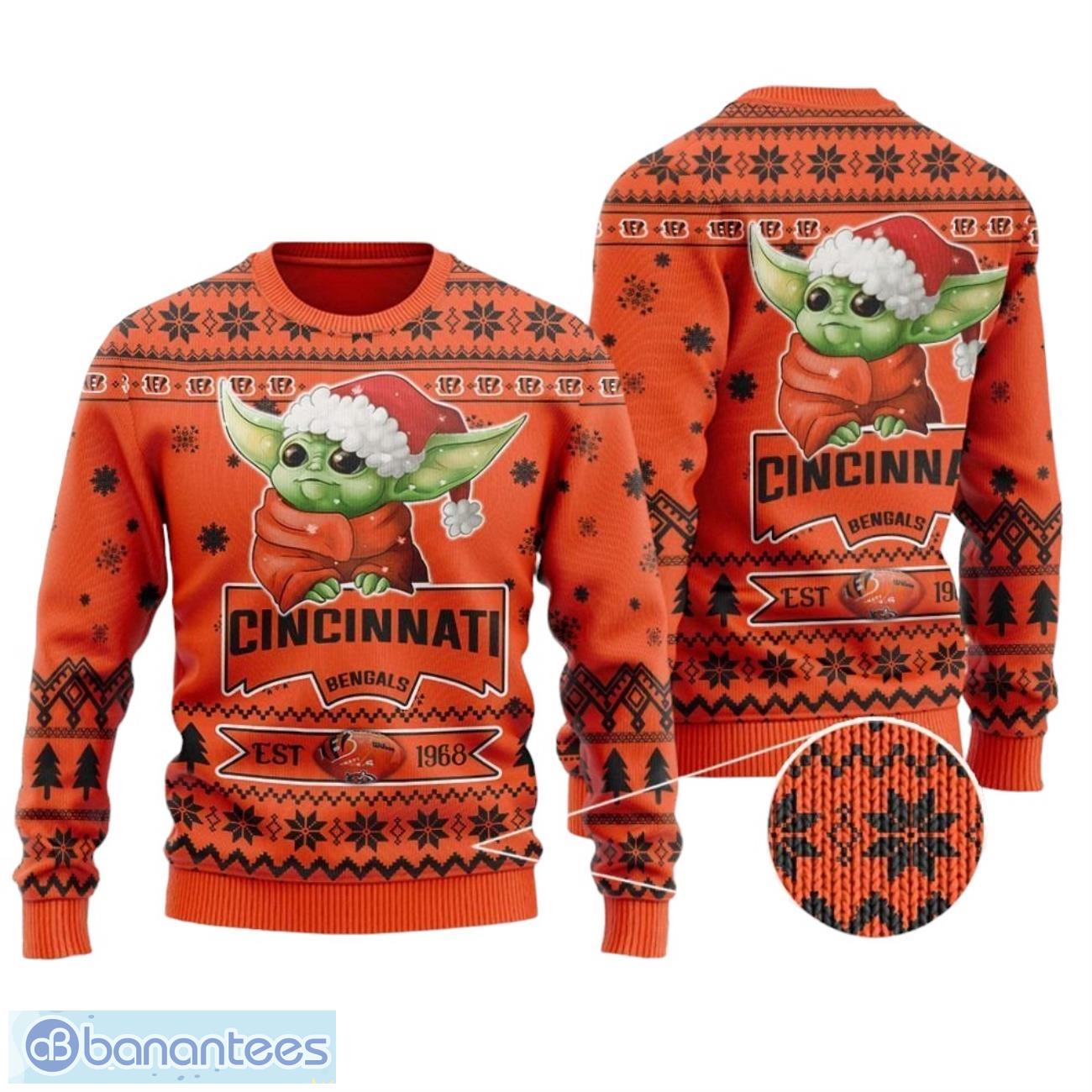 cincinnati bengals cute baby yoda grogu all over print sweater image Cincinnati Bengals Cute Baby Yoda Grogu All Over Print Sweater Product Photo 1