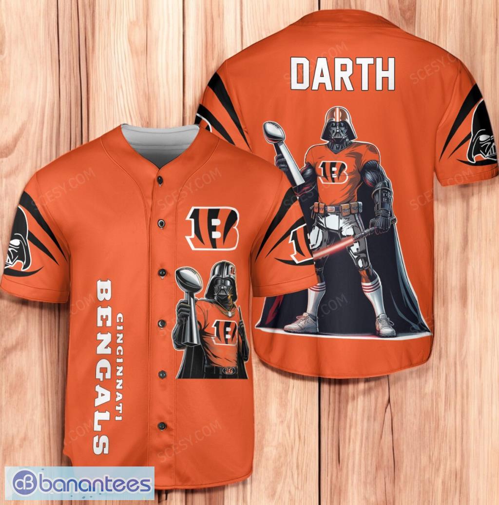 cincinnati bengals darth vader baseball jersey shirt orange limited edition image Cincinnati Bengals Darth Vader Baseball Jersey Shirt Orange Limited Edition Product Photo 1
