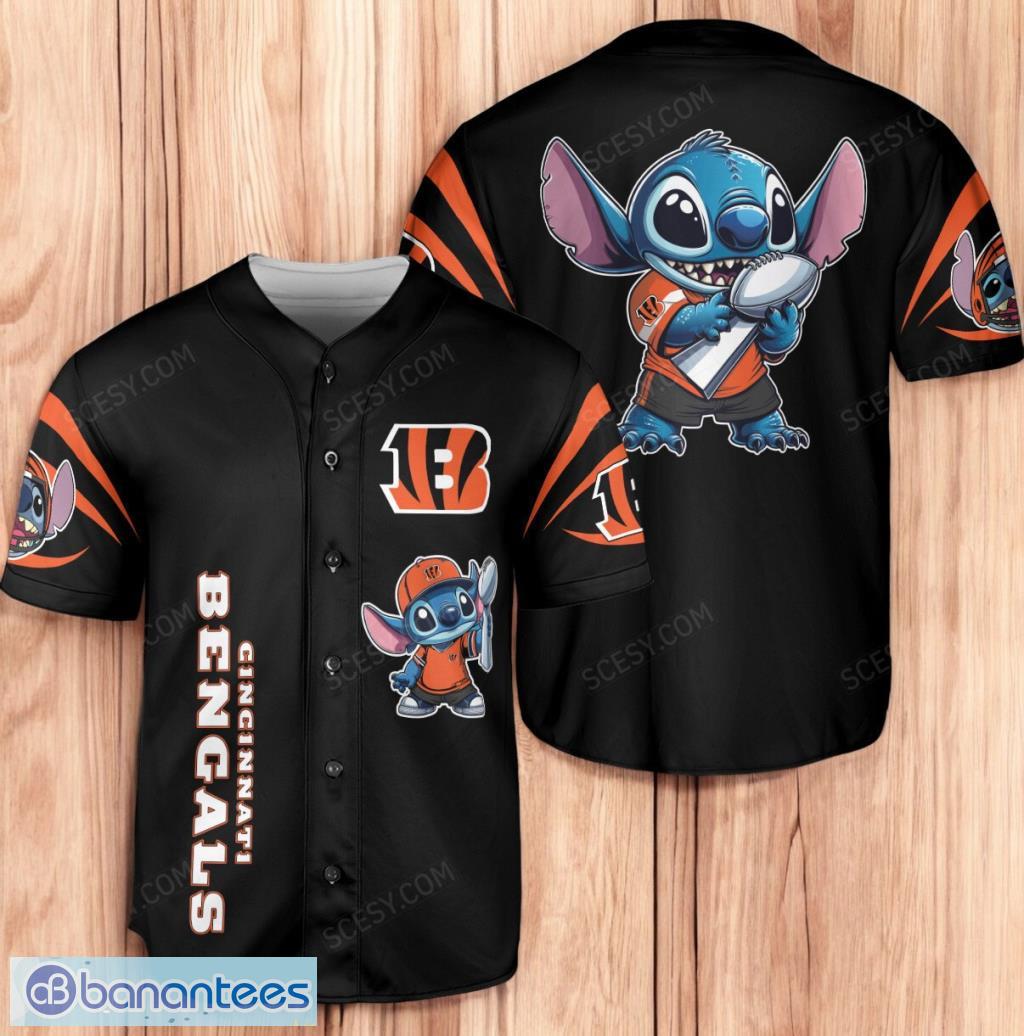 cincinnati bengals lilo stitch baseball jersey shirt black limited edition image Cincinnati Bengals Lilo & Stitch Baseball Jersey Shirt Black Limited Edition Product Photo 1