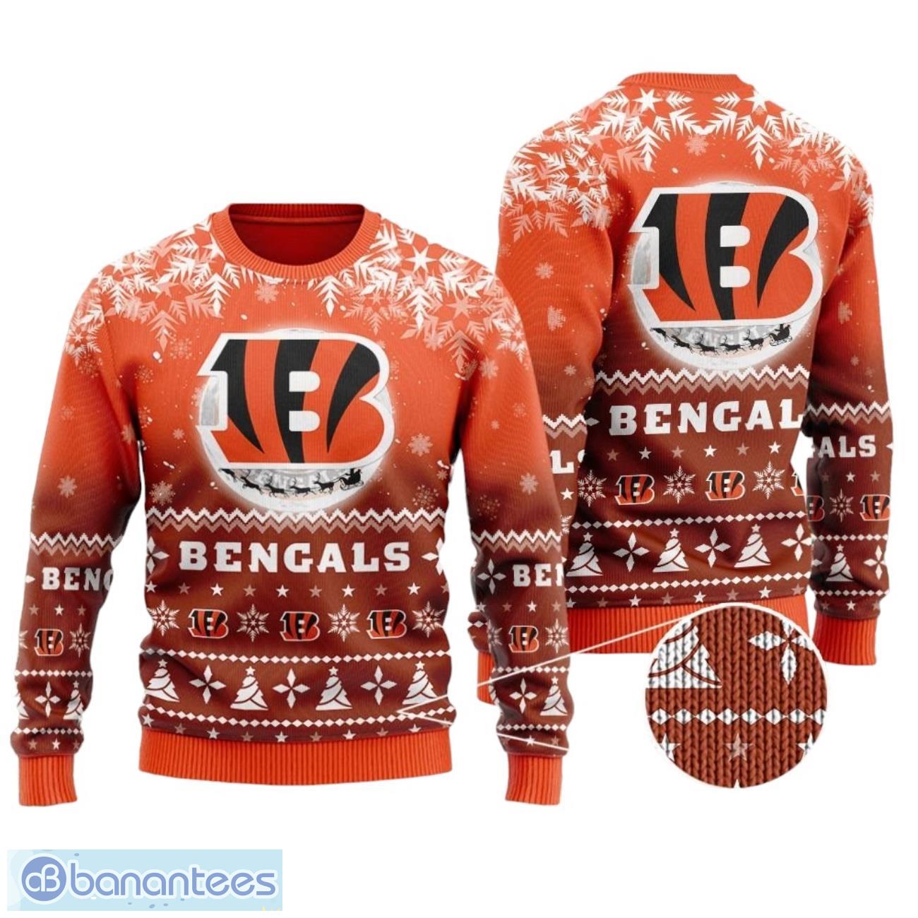 cincinnati bengals santa claus in the moon all over print sweater image Cincinnati Bengals Santa Claus In The Moon All Over Print Sweater Product Photo 1