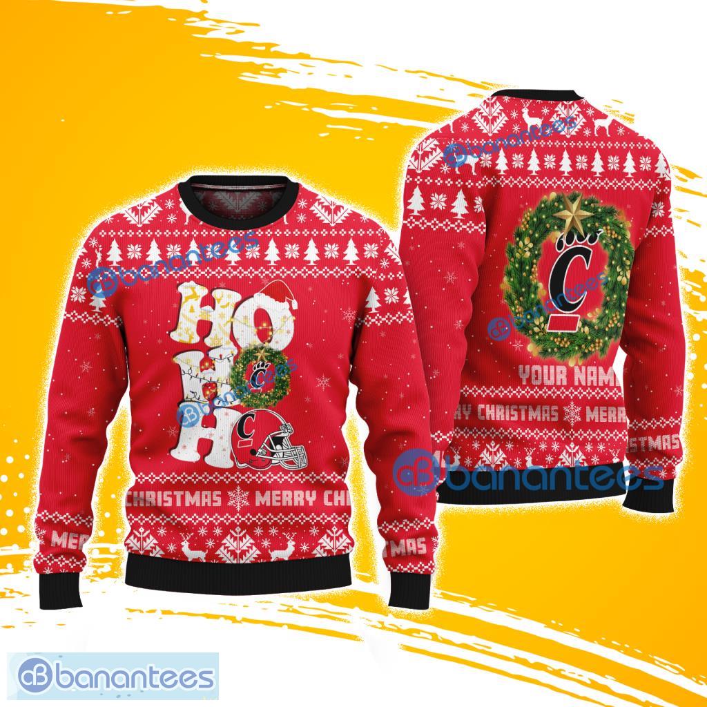cincinnati miami ncaa ho ho ho merry christmas ugly sweater gift for fans image Cincinnati Miami NCAA Ho Ho Ho Merry Christmas Ugly Sweater Gift For Fans Product Photo 1