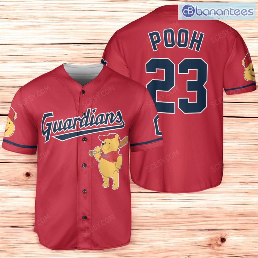 cleveland guardians winnie the pooh baseball jersey shirt red for men and women image Cleveland Guardians Winnie the Pooh Baseball Jersey Shirt Red For Men And Women Product Photo 1