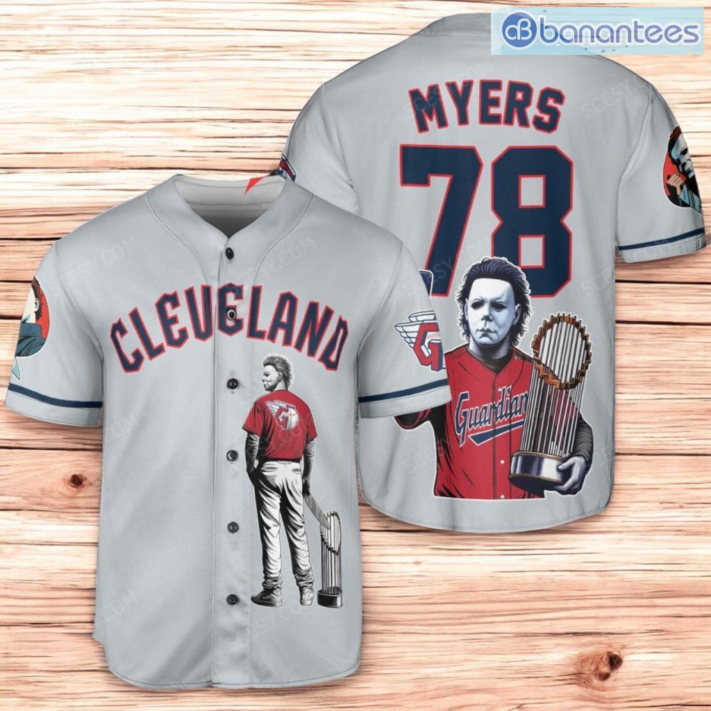 cleveland guardians x halloween michael myers with trophy baseball jersey shirt gray image Cleveland Guardians x Halloween Michael Myers with Trophy Baseball Jersey Shirt Gray Product Photo 1