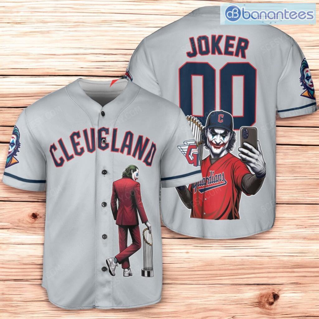 cleveland guardians x joker dc comics with trophy baseball jersey shirt gray image Cleveland Guardians x Joker DC Comics with Trophy Baseball Jersey Shirt Gray Product Photo 1