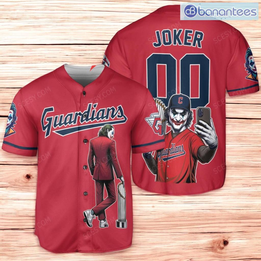 cleveland guardians x joker dc comics with trophy baseball jersey shirt red image Cleveland Guardians x Joker DC Comics with Trophy Baseball Jersey Shirt Red Product Photo 1