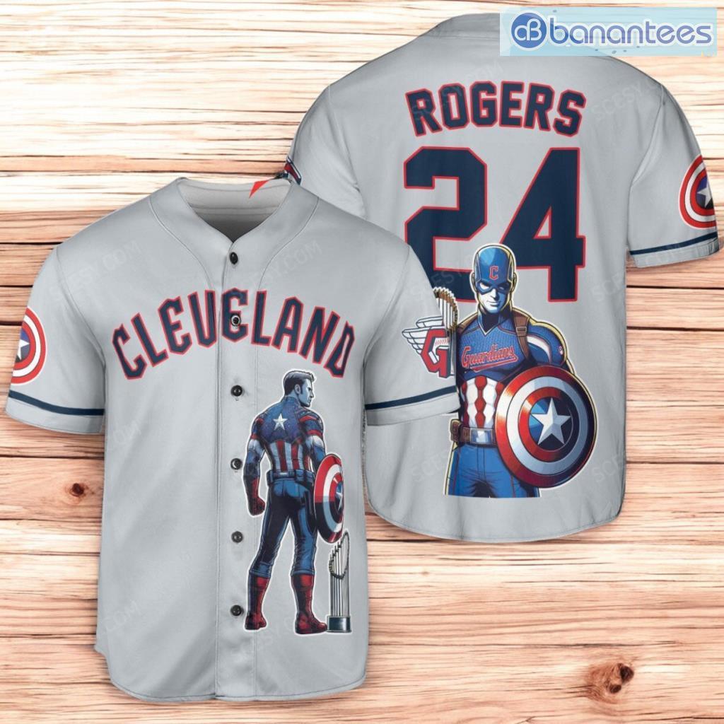 cleveland guardians x marvel captain america steve rogers with trophy baseball jersey shirt gray image Cleveland Guardians x Marvel Captain America Steve Rogers with Trophy Baseball Jersey Shirt Gray Product Photo 1