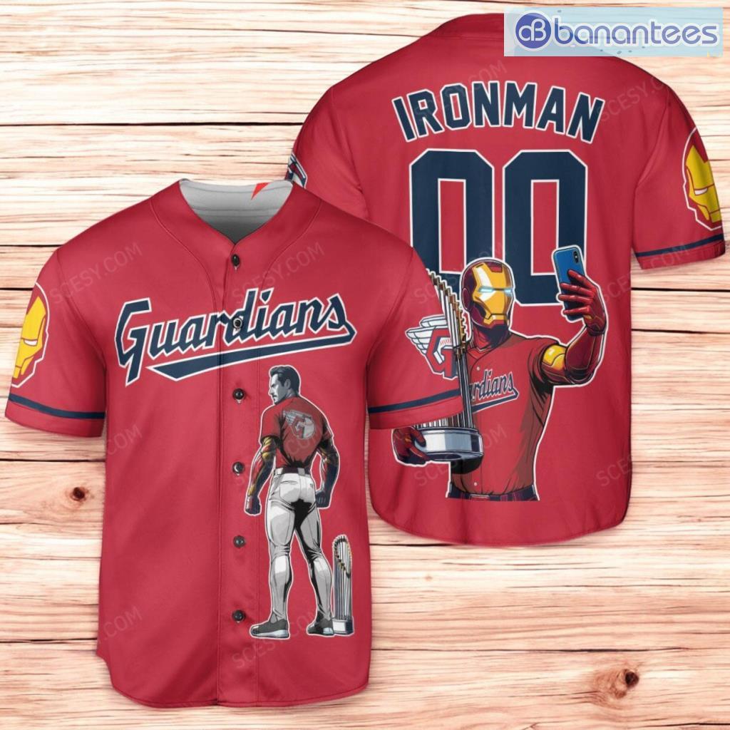 cleveland guardians x marvel iron man tony stark with trophy baseball jersey shirt red image Cleveland Guardians x Marvel Iron Man Tony Stark with Trophy Baseball Jersey Shirt Red Product Photo 1
