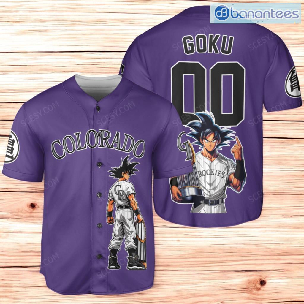 colorado rockies dragon ball son goku baseball jersey shirt purple for men and women image Colorado Rockies Dragon Ball Son Goku Baseball Jersey Shirt Purple For Men And Women Product Photo 1