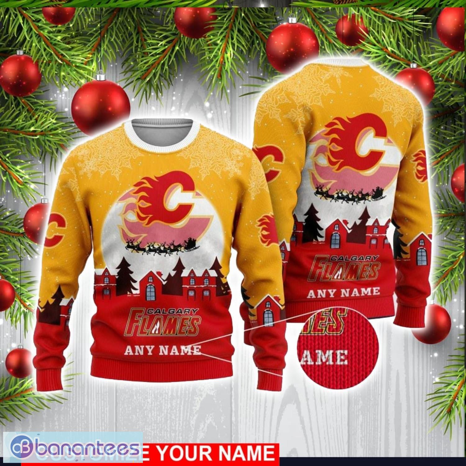 custom name nhl calgary flames 3d sweater christmas holiday gift image Custom Name NHL Calgary Flames 3D Sweater Christmas Holiday Gift Product Photo 1