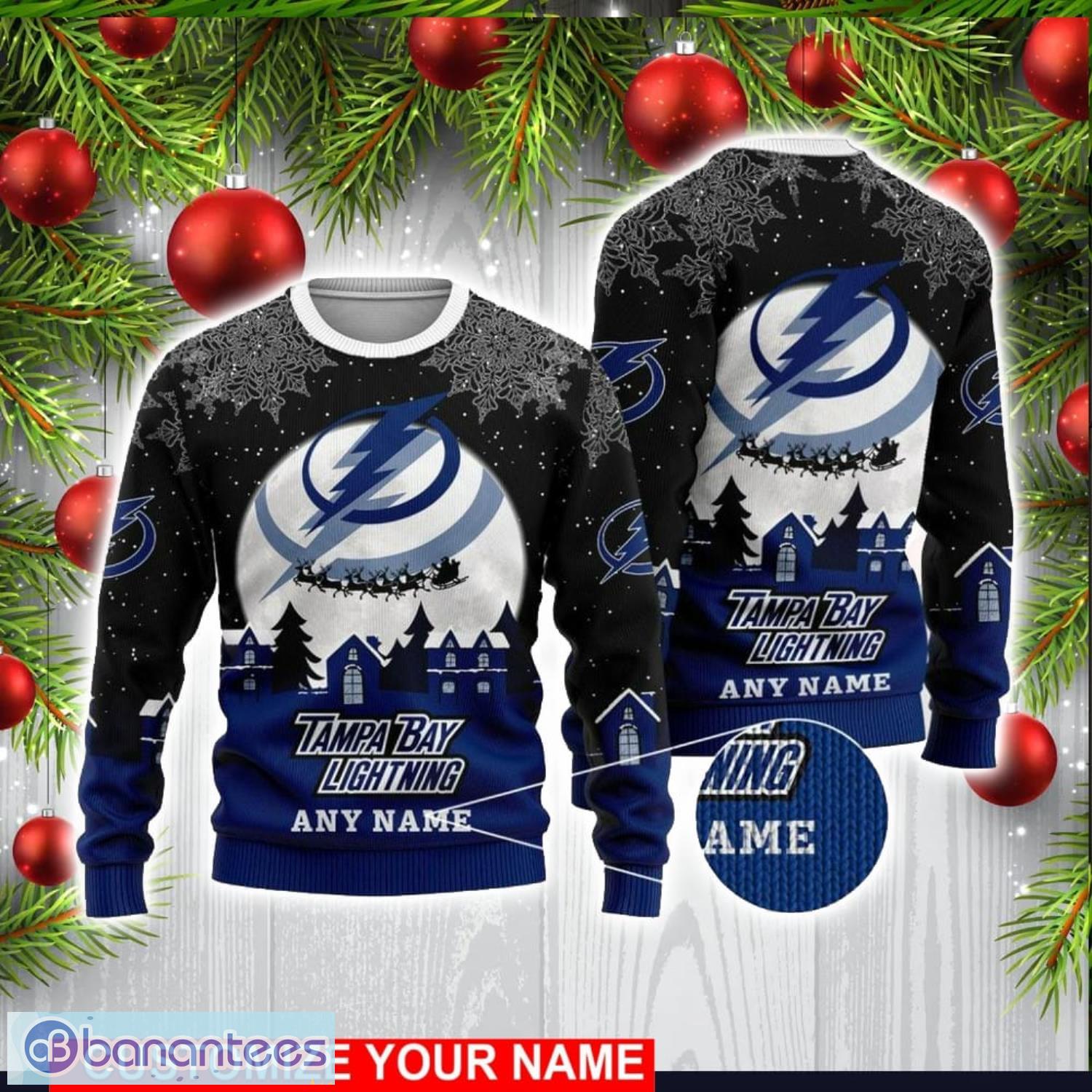 custom name nhl tampa bay lightning 3d sweater christmas holiday gift image Custom Name NHL Tampa Bay Lightning 3D Sweater Christmas Holiday Gift Product Photo 1