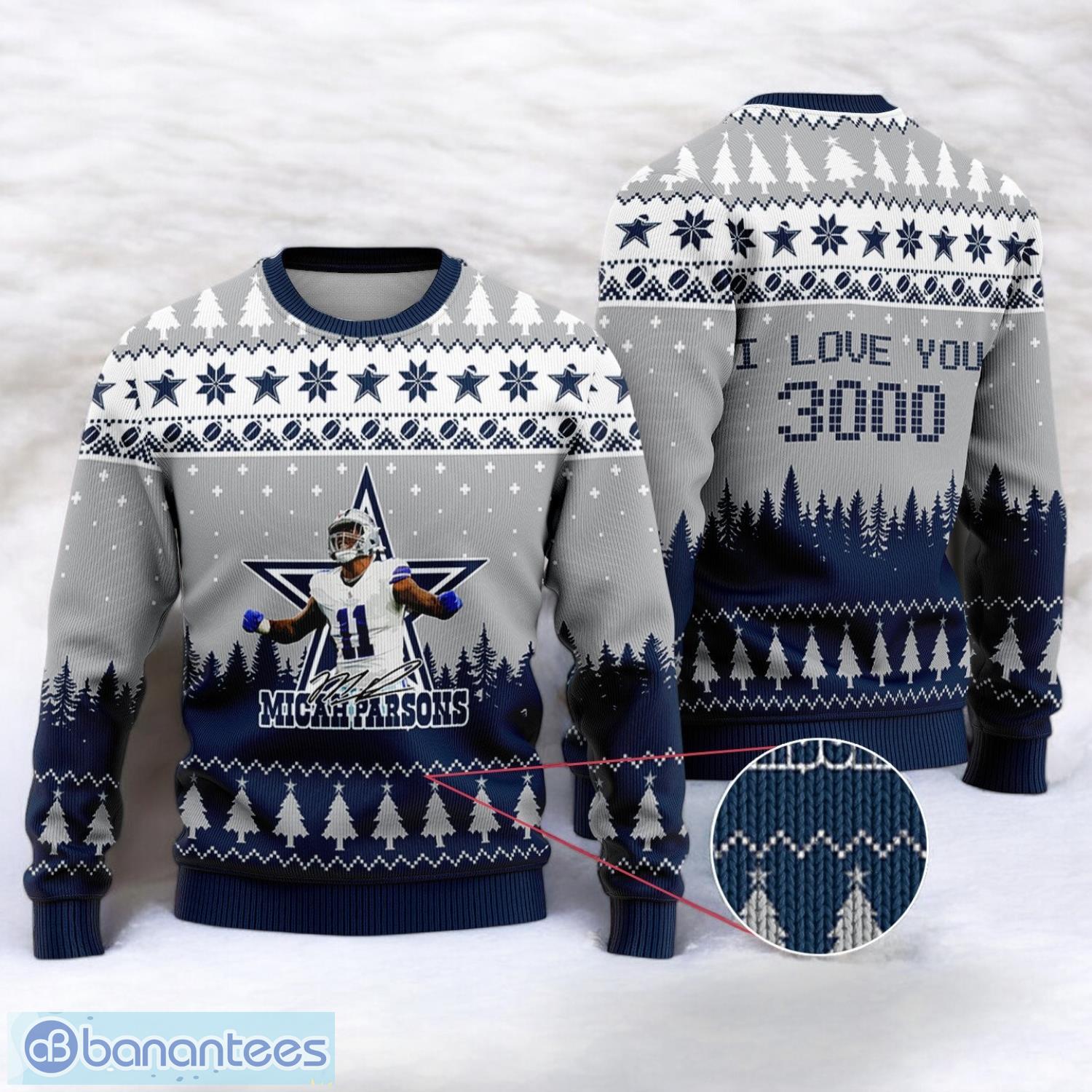 dallas cowboys micah parsons 11 i love you 3000 sport player 3d ugly christmas sweater image Dallas Cowboys Micah Parsons #11 I Love You 3000 Sport Player 3D Ugly Christmas Sweater Product Photo 1
