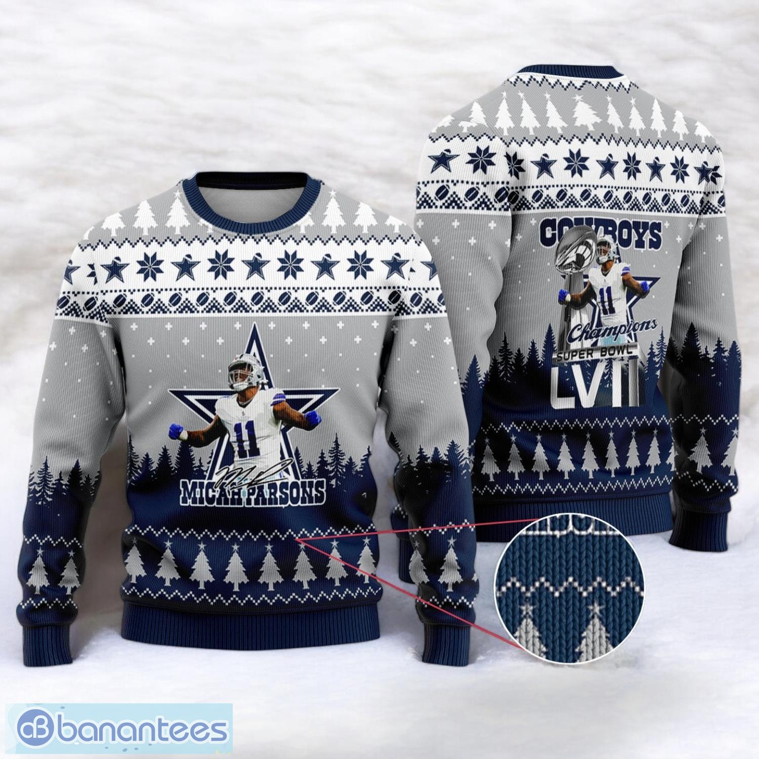 dallas cowboys micah parsons 11 super bowl lvii 2023 champions sport player 3d ugly christmas sweater image Dallas Cowboys Micah Parsons #11 Super Bowl LVII 2023 Champions Sport Player 3D Ugly Christmas Sweater Product Photo 1