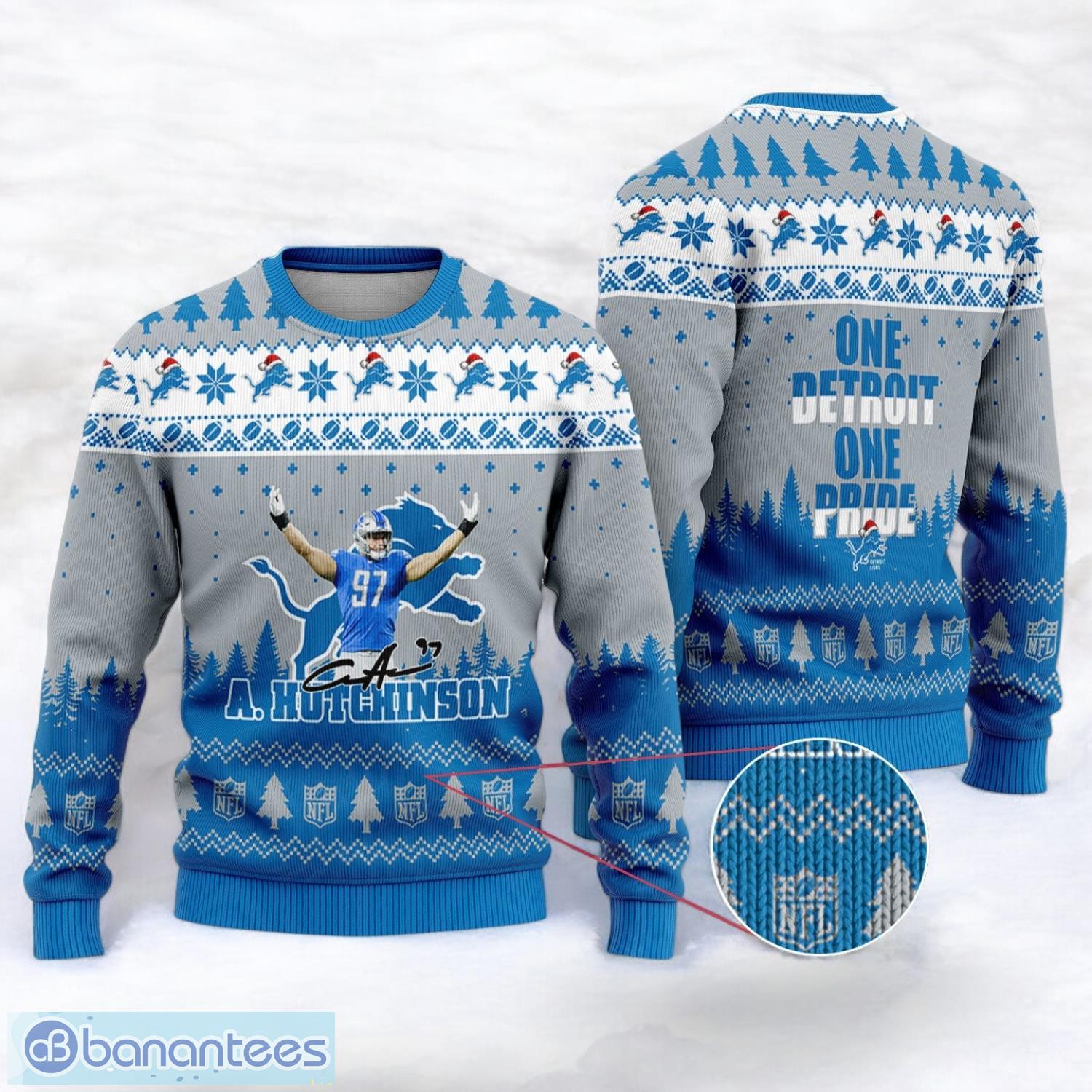 detroit lions aidan hutchinson 97 one detroit one pride sport player 3d ugly christmas sweater image Detroit Lions Aidan Hutchinson #97 One Detroit One Pride Sport Player 3D Ugly Christmas Sweater Product Photo 1