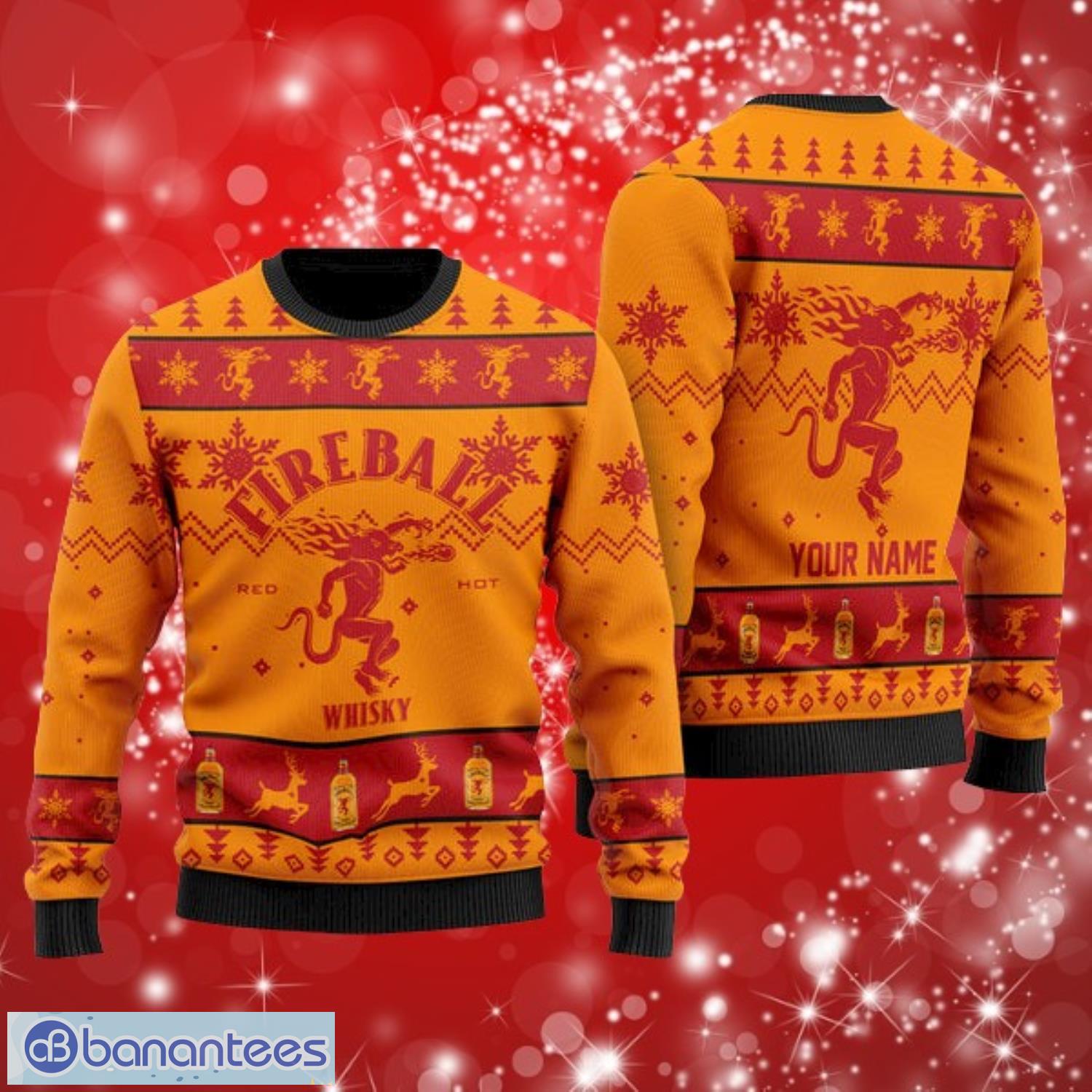 fireball whisky custom name gifts christmas ugly sweater 3d image Fireball Whisky Custom Name Gifts Christmas Ugly Sweater 3D Product Photo 1