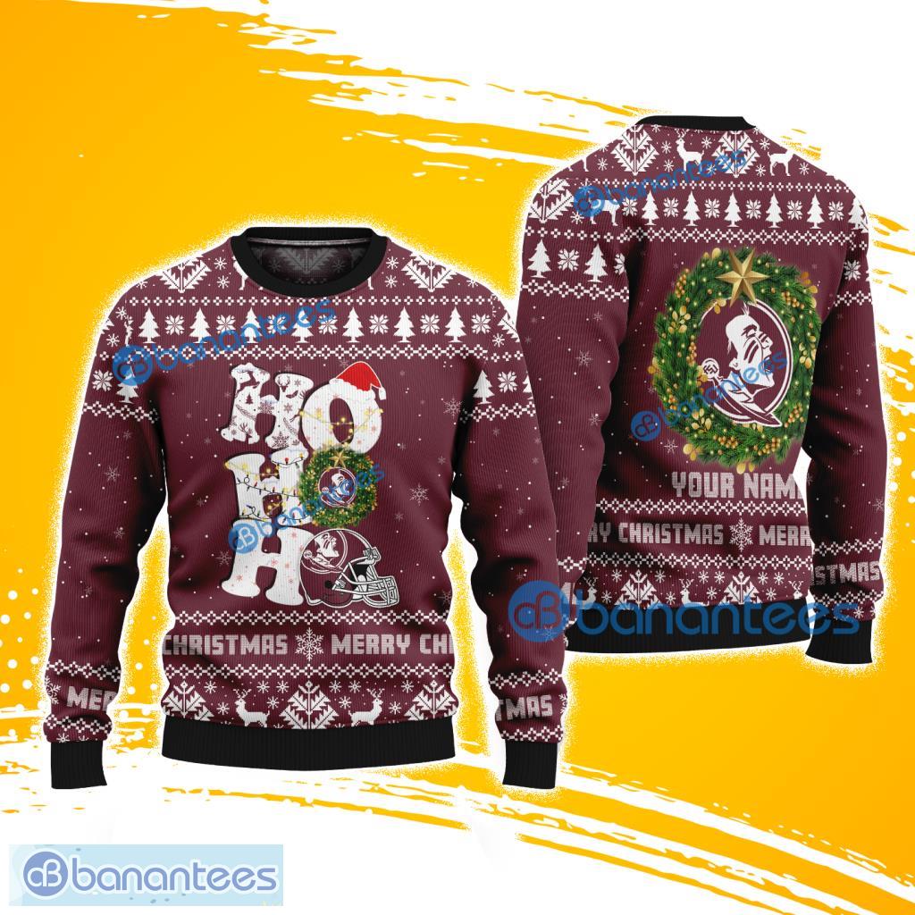 florida state seminoles ncaa ho ho ho merry christmas ugly sweater gift for fans image Florida State Seminoles NCAA Ho Ho Ho Merry Christmas Ugly Sweater Gift For Fans Product Photo 1