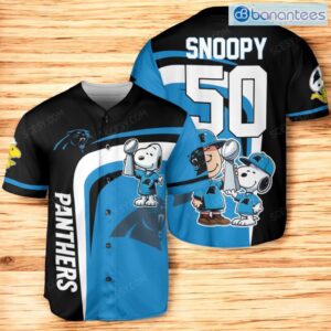 Carolina Panthers Peanut Snoopy Champion Baseball Jersey Shirt Blue & Black Product Photo 1