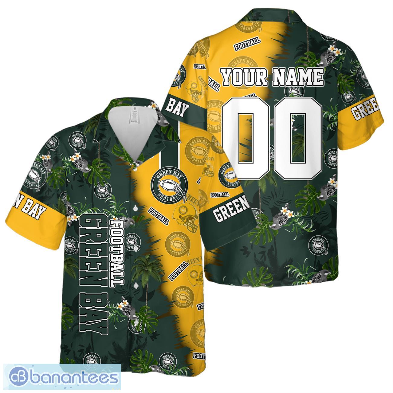 green bay football team hawaiian shirt and shorts custom name number tropical style hawaiian shirt image Green Bay Football Team Hawaiian Shirt And Shorts Custom Name Number Tropical Style Hawaiian Shirt Product Photo 1