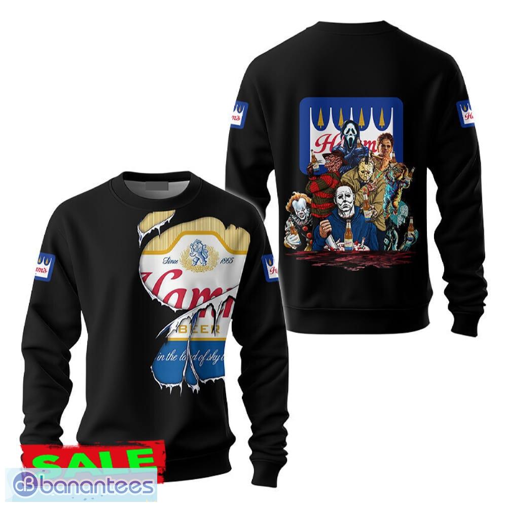 hamms beer horror halloween characters ugly xmas sweater gift for men and women image Hamm's Beer Horror Halloween Characters Ugly Xmas Sweater Gift For Men And Women Product Photo