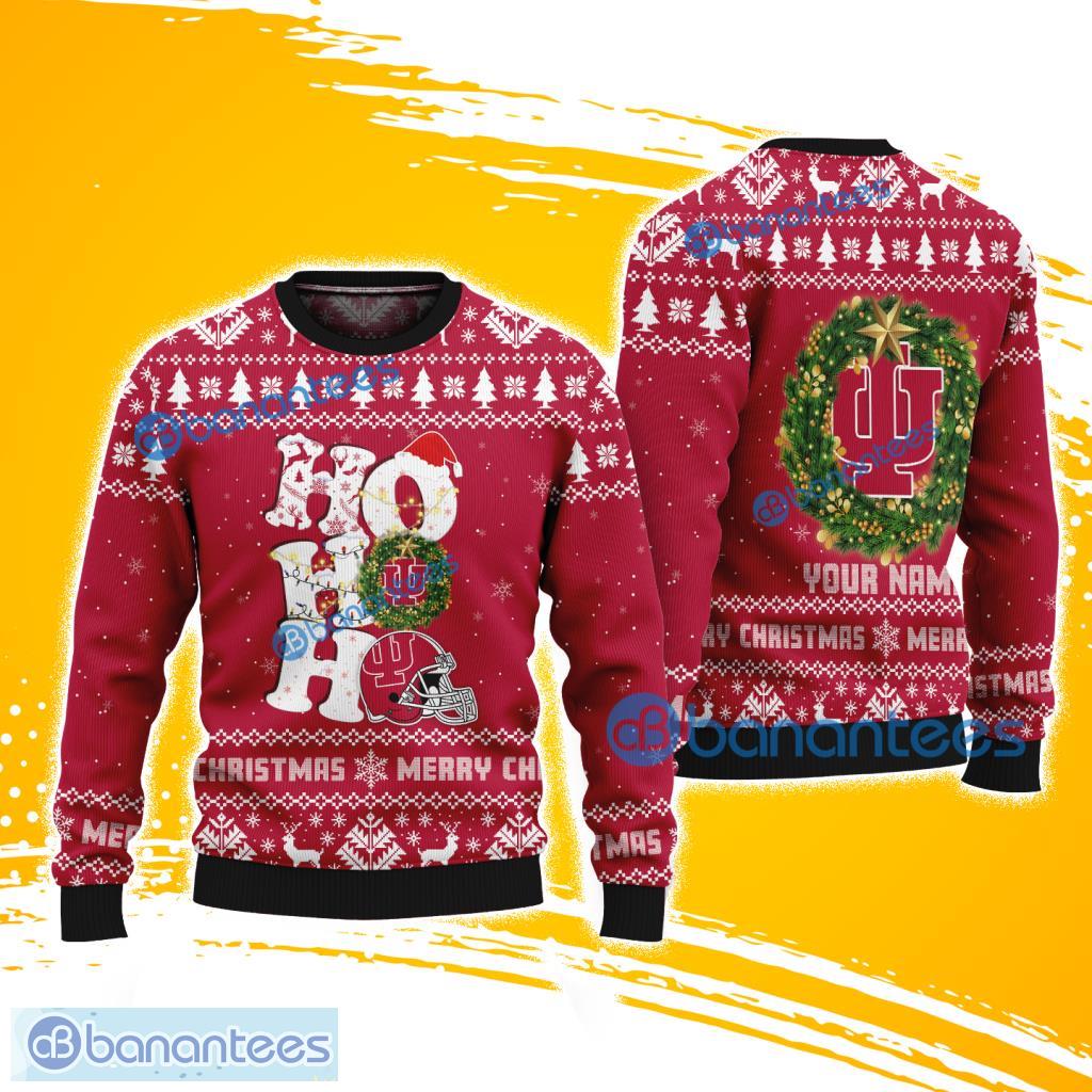 indiana hoosiers ncaa ho ho ho merry christmas ugly sweater gift for fans image Indiana Hoosiers NCAA Ho Ho Ho Merry Christmas Ugly Sweater Gift For Fans Product Photo 1