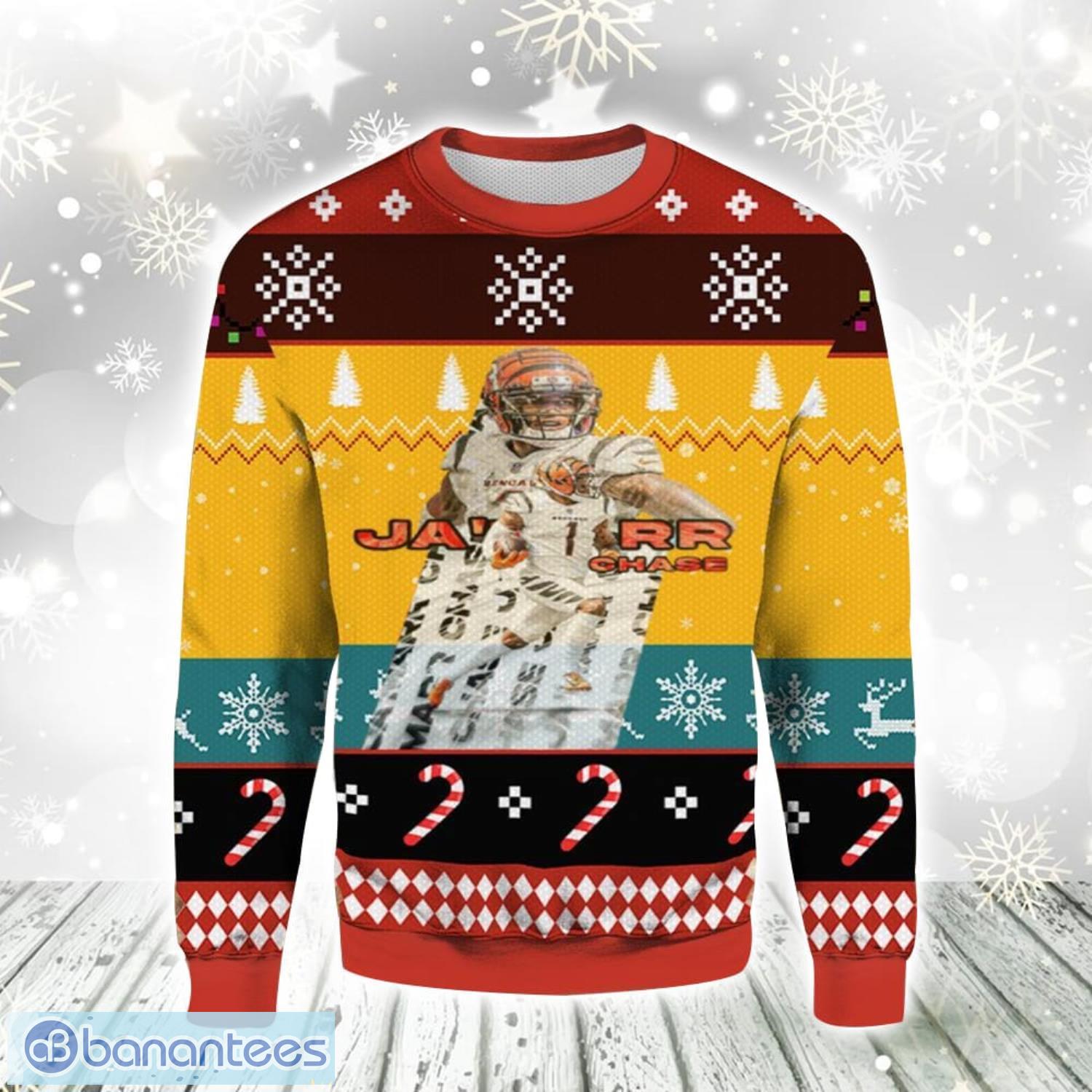 jamarr chase bengals christmas gift ugly christmas sweater for men and women vintage image Ja’marr Chase Bengals Christmas Gift Ugly Christmas Sweater For Men And Women Vintage Product Photo 1
