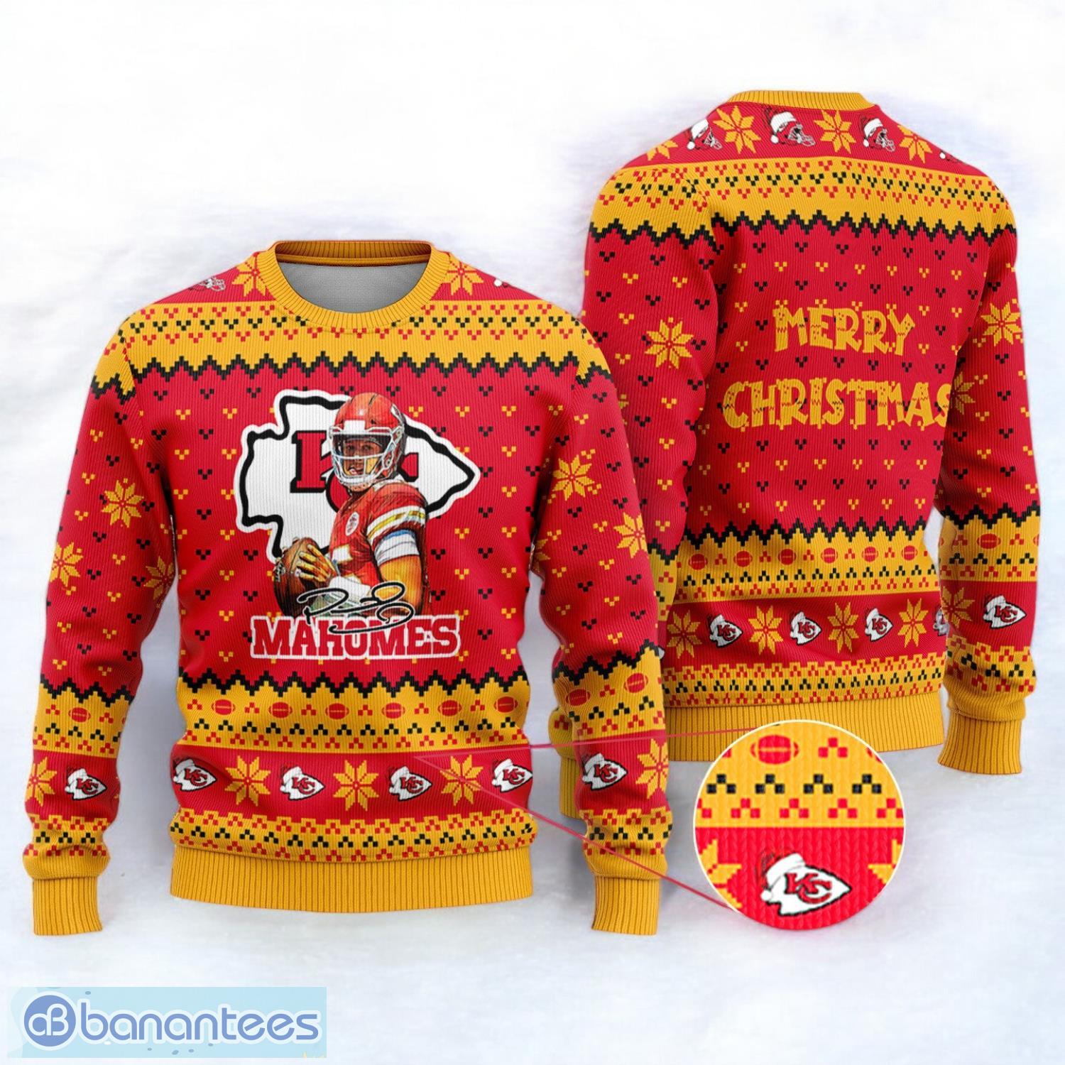 kansas city chiefs patrick mahomes allen merry xmas sport player 3d ugly christmas sweater image Kansas City Chiefs Patrick Mahomes Allen Merry Xmas Sport Player 3D Ugly Christmas Sweater Product Photo 1