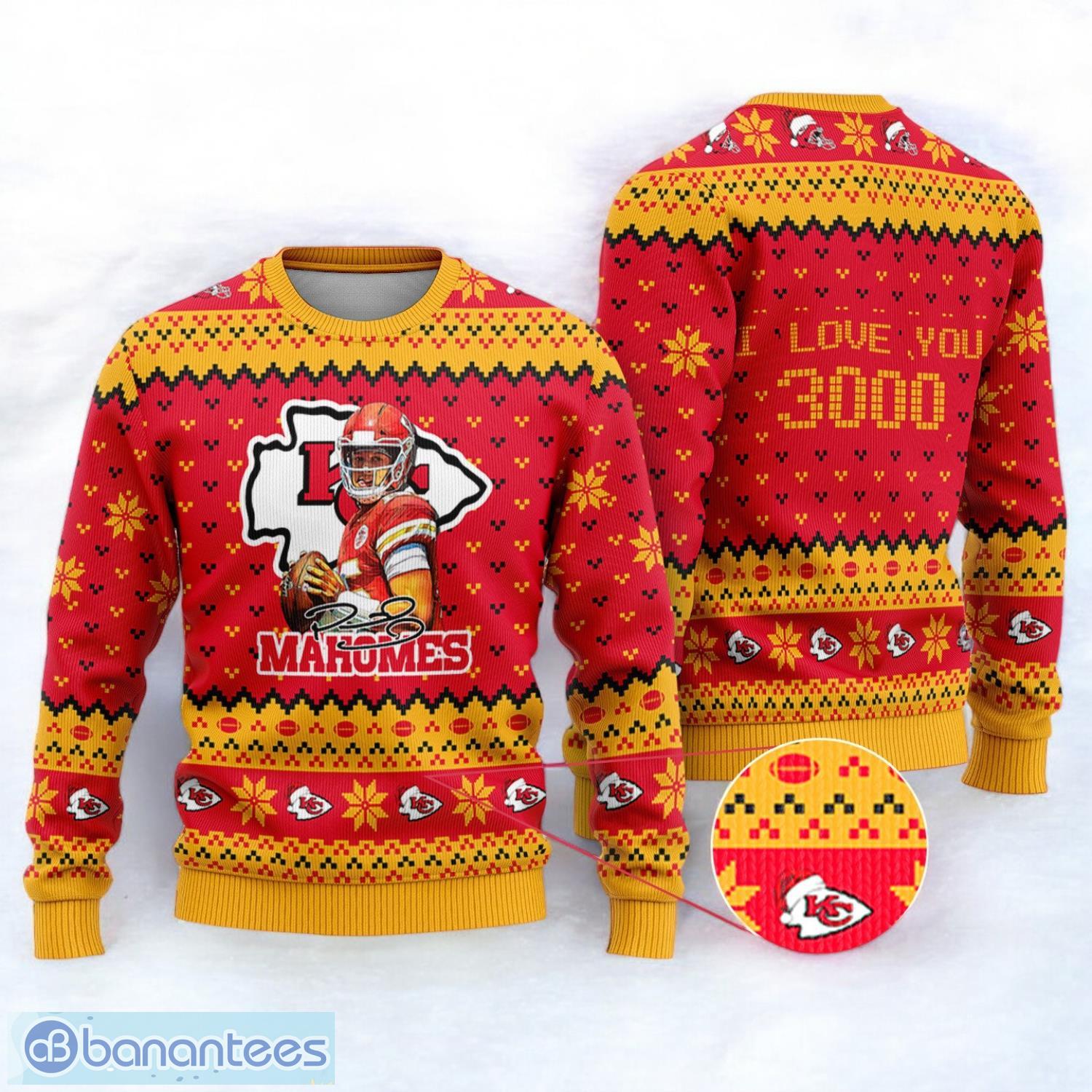 kansas city chiefs patrick mahomes i love you 3000 sport player 3d ugly christmas sweater image Kansas City Chiefs Patrick Mahomes I Love You 3000 Sport Player 3D Ugly Christmas Sweater Product Photo 1