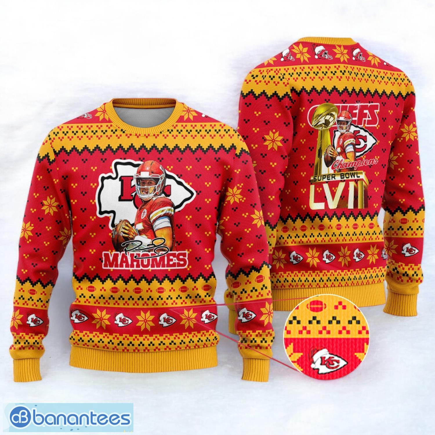 kansas city chiefs patrick mahomes super bowl lvii champions 2023 sport player 3d ugly christmas sweater image Kansas City Chiefs Patrick Mahomes Super Bowl LVII Champions 2023 Sport Player 3D Ugly Christmas Sweater Product Photo 1