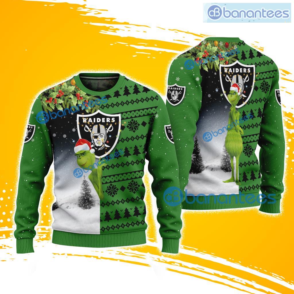 las vegas raiders nfl the grinch green christmas pattern ugly sweater 3d best gift image Las Vegas Raiders NFL The Grinch Green Christmas Pattern Ugly Sweater 3D Best Gift Product Photo 1