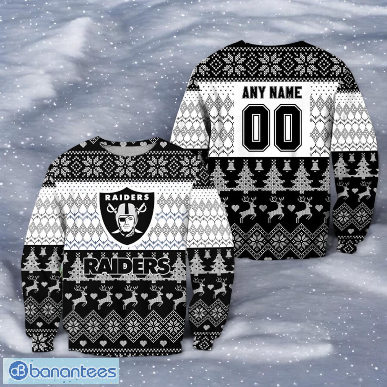 las vegas raiders personalized name number ugly sweater christmas gift for fans image Las Vegas Raiders Personalized Name & Number Ugly Sweater Christmas Gift For Fans Product Photo 1
