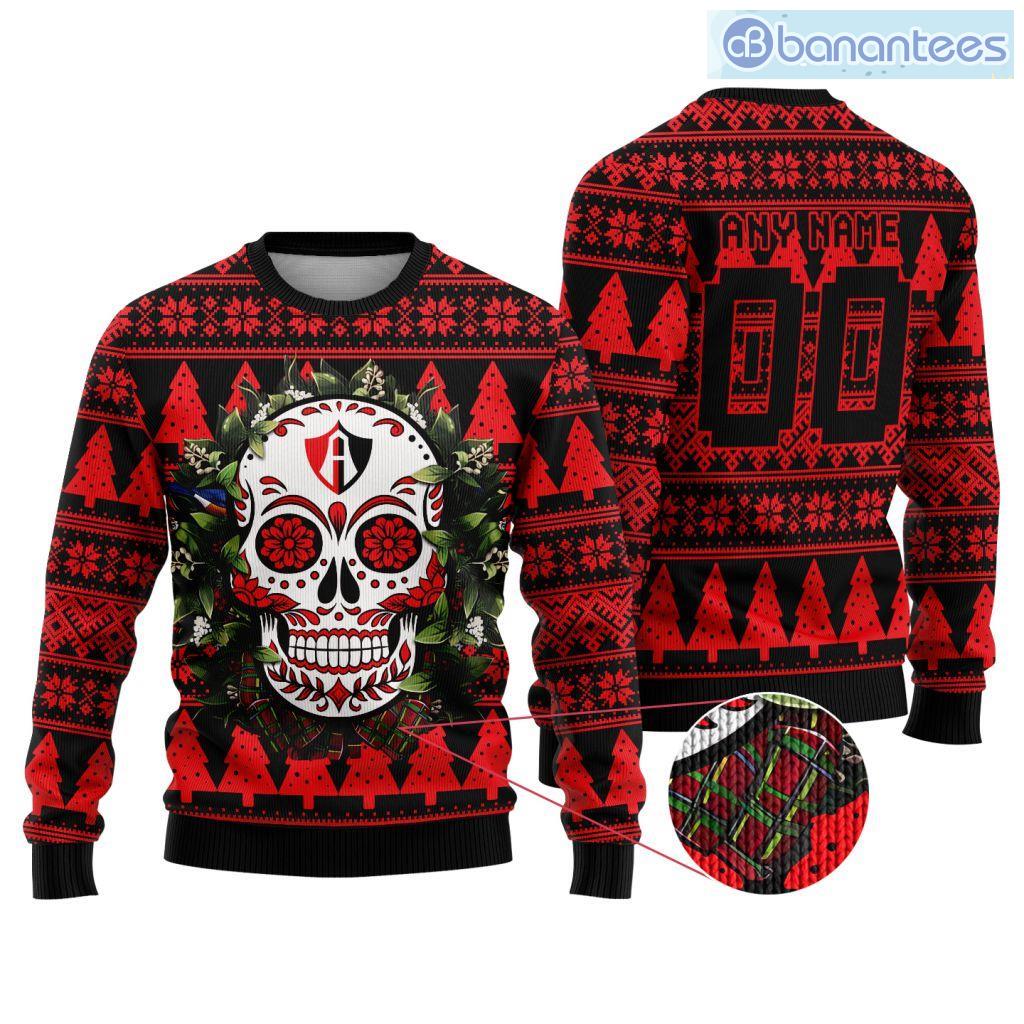 liga mx atlas fc special sugar skull christmas ugly sweater custom name and number image Liga Mx Atlas F.C Special Sugar Skull Christmas Ugly Sweater Custom Name And Number Product Photo 1