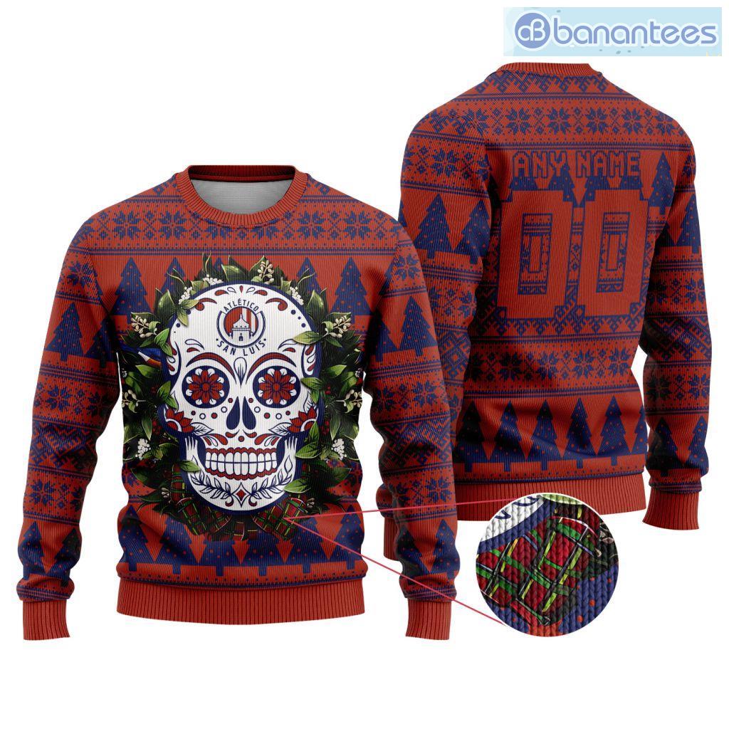 liga mx atletico san luis special sugar skull christmas ugly sweater custom name and number image Liga Mx Atletico San Luis Special Sugar Skull Christmas Ugly Sweater Custom Name And Number Product Photo 1