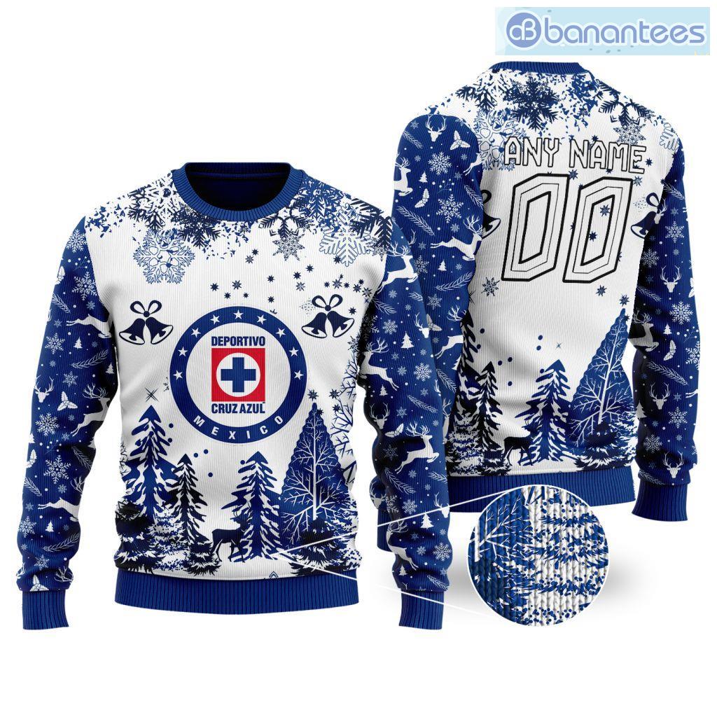 liga mx cruz azul special christmas ugly sweater design pine forest custom name and number image Liga Mx Cruz Azul Special Christmas Ugly Sweater Design Pine Forest Custom Name And Number Product Photo 1