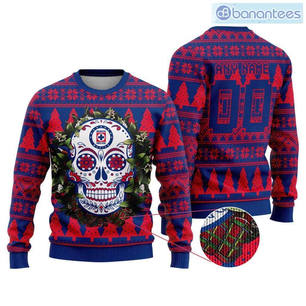 liga mx cruz azul special sugar skull christmas ugly sweater custom name and number image Liga Mx Cruz Azul Special Sugar Skull Christmas Ugly Sweater Custom Name And Number Product Photo 1