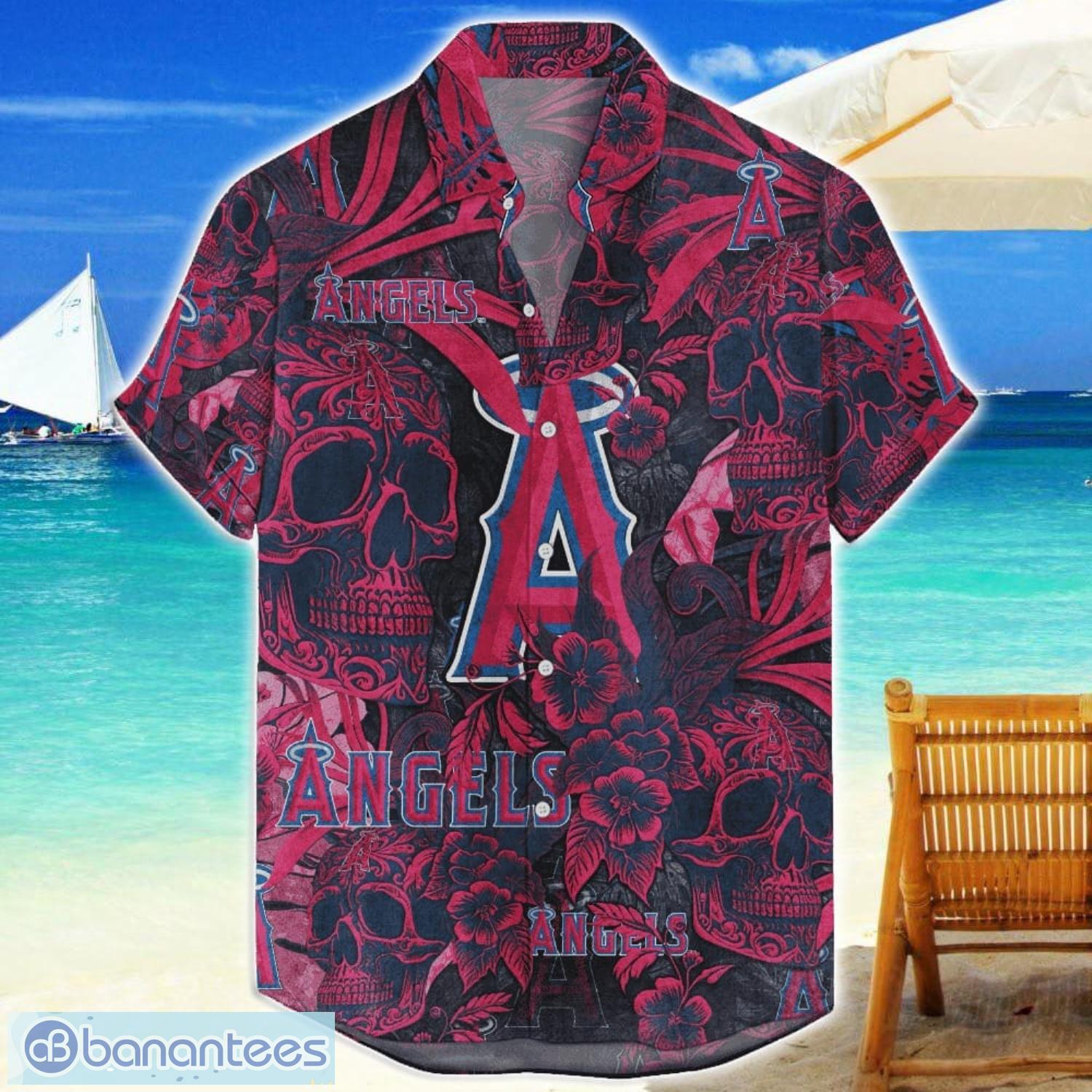 los angeles angels flower and skull hawaiian shirt mlb team halloween shirt image Los Angeles Angels Flower and Skull Hawaiian Shirt MLB Team Halloween Shirt Product Photo 1