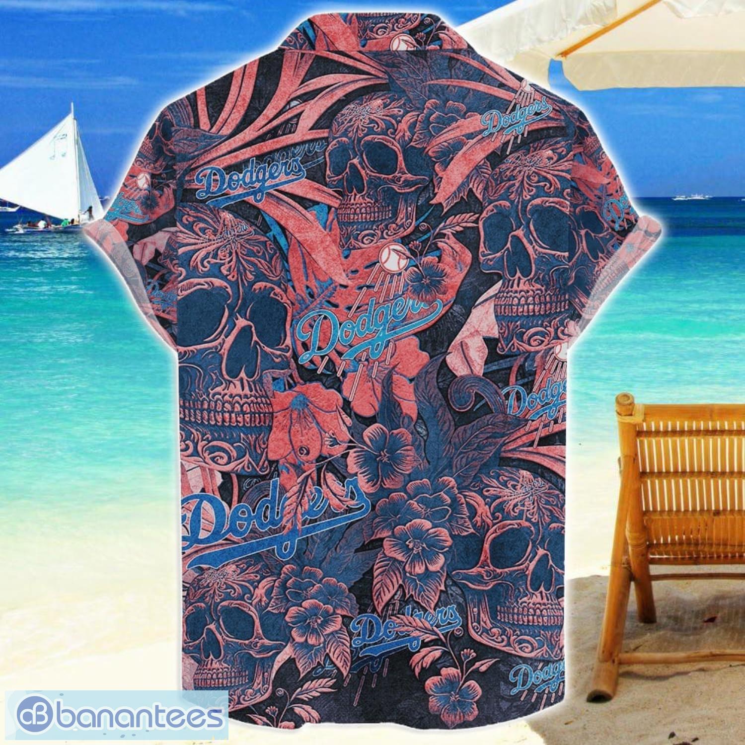 los angeles dodgers flower and skull hawaiian shirt mlb team halloween shirt 1 image Los Angeles Dodgers Flower and Skull Hawaiian Shirt MLB Team Halloween Shirt Product Photo 2