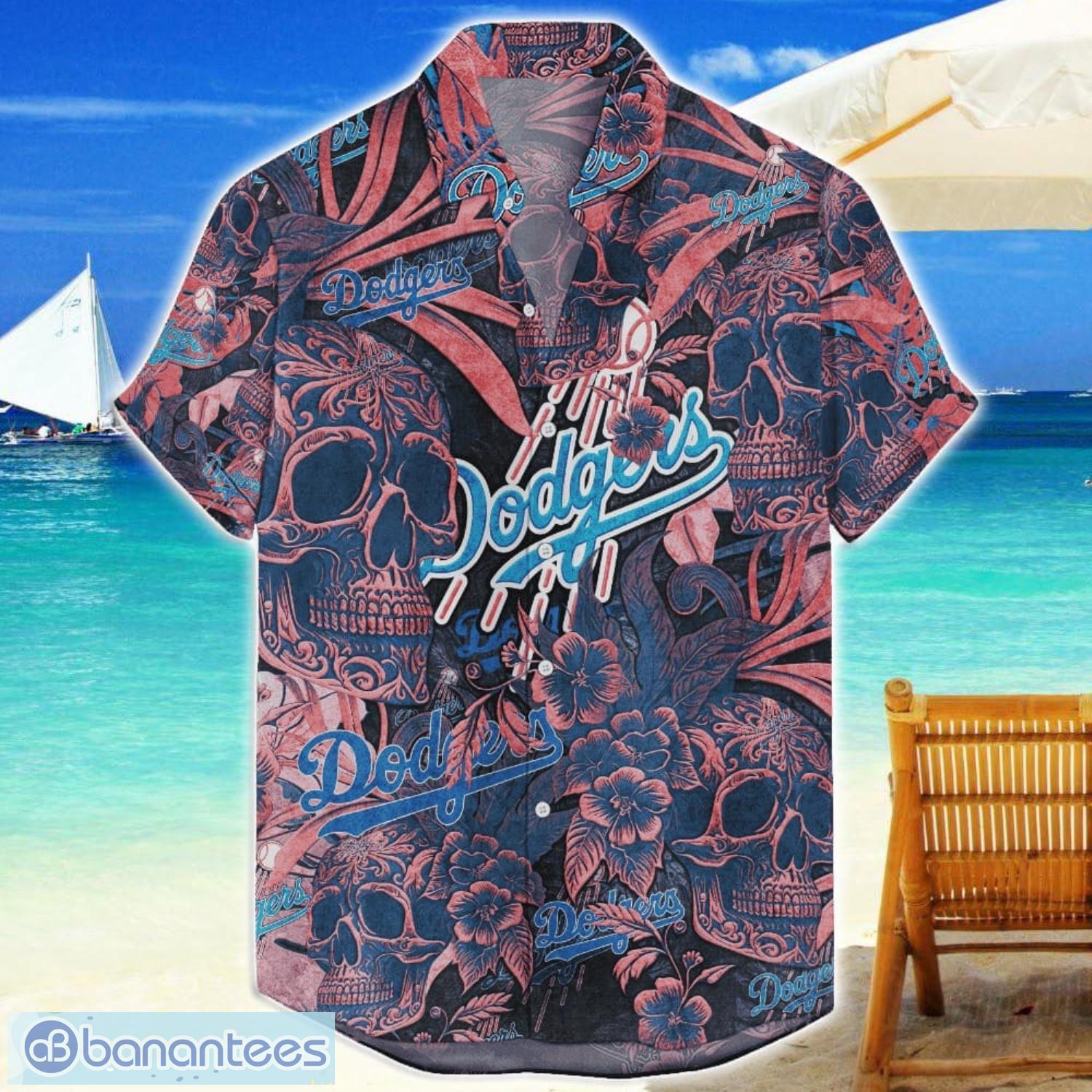 los angeles dodgers flower and skull hawaiian shirt mlb team halloween shirt image Los Angeles Dodgers Flower and Skull Hawaiian Shirt MLB Team Halloween Shirt Product Photo 1