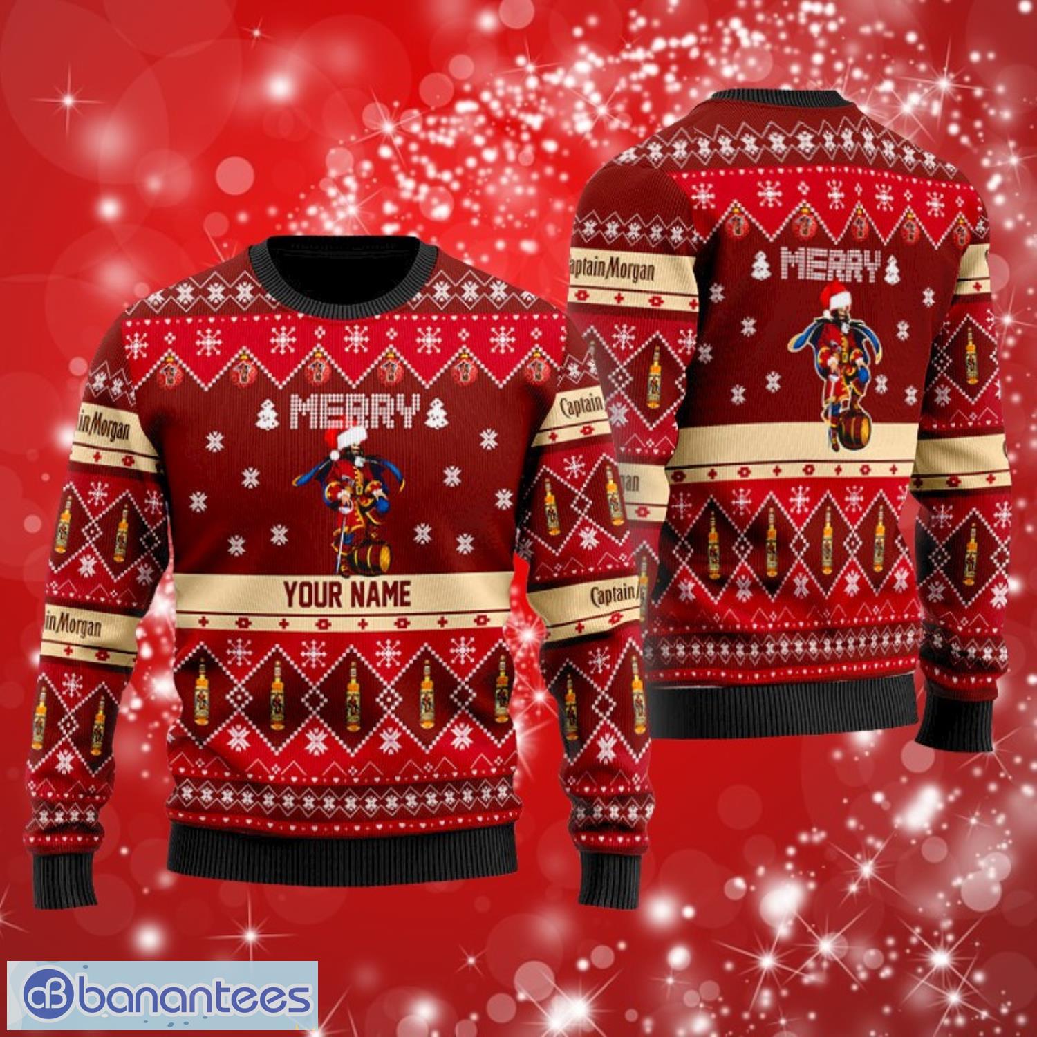 merry santa hat captian morgan custom name ugly christmas sweater print full image Merry Santa Hat Captian Morgan Custom Name Ugly Christmas Sweater Print Full Product Photo 1