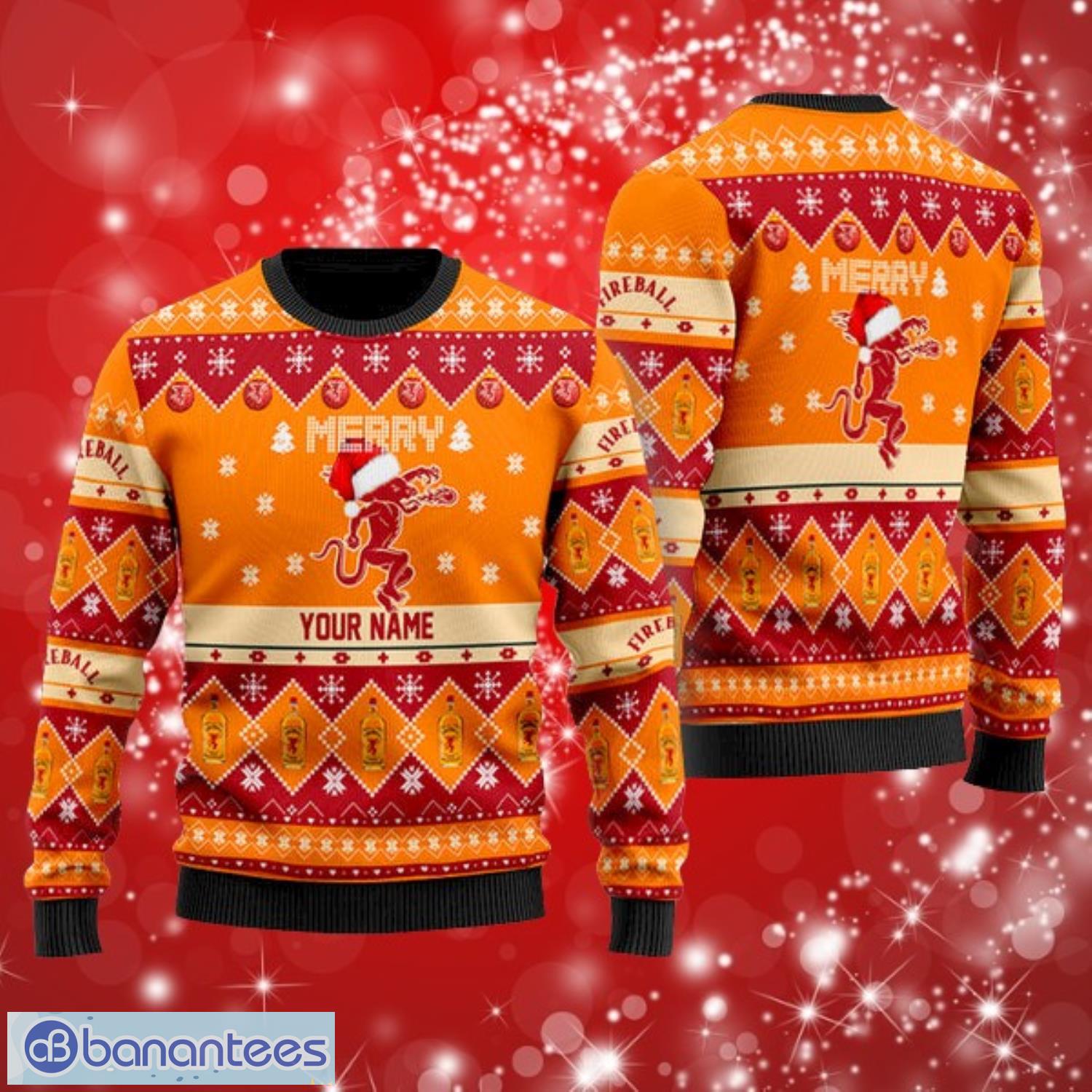 merry santa hat fireball whisky custom name ugly christmas sweater print full image Merry Santa Hat Fireball Whisky Custom Name Ugly Christmas Sweater Print Full Product Photo 1