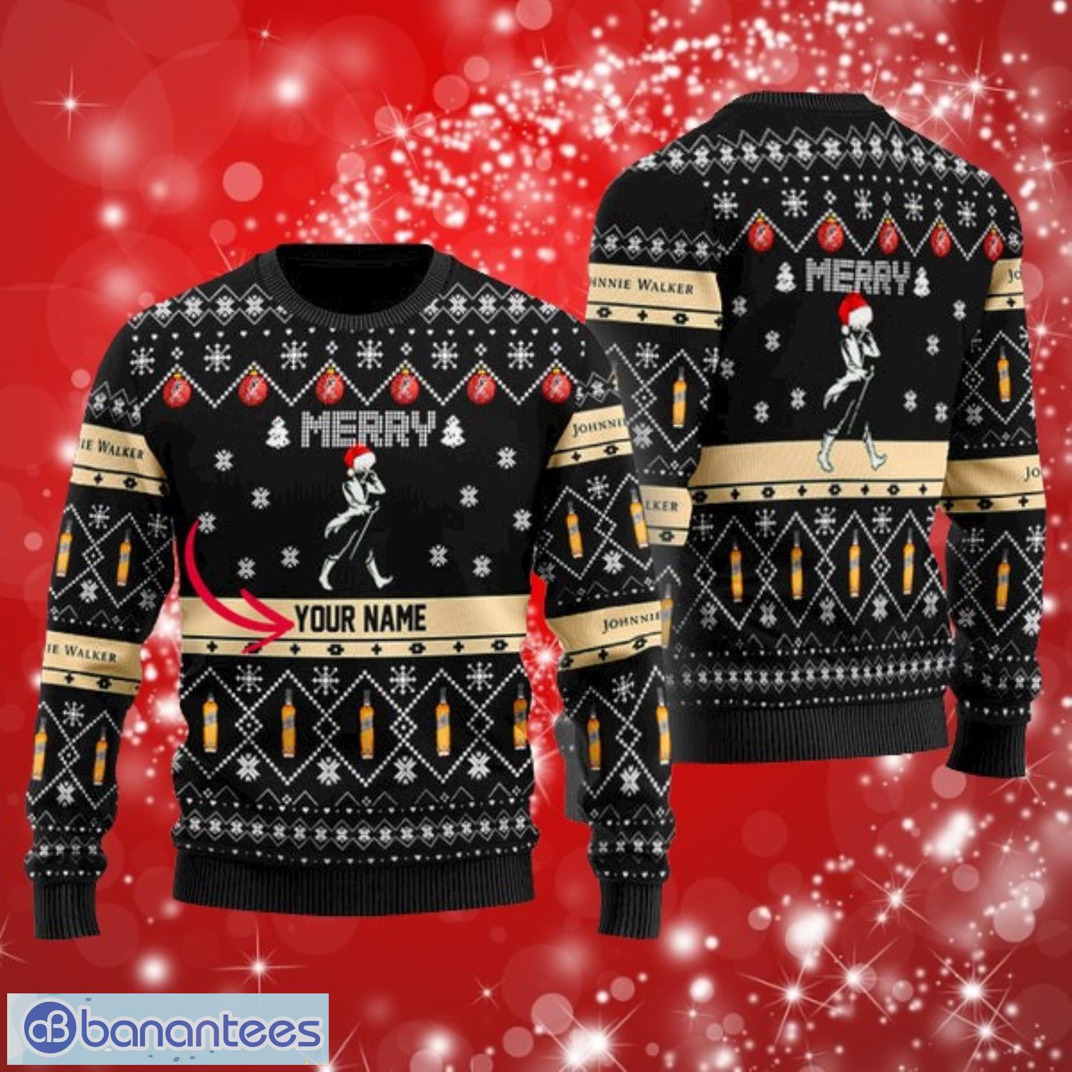 merry santa hat johnnie walker custom name ugly christmas sweater print full image Merry Santa Hat Johnnie Walker Custom Name Ugly Christmas Sweater Print Full Product Photo 1