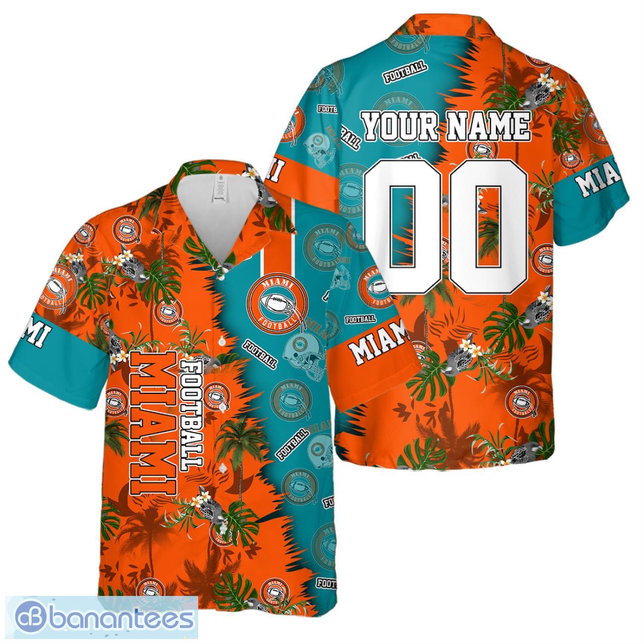 miami football team hawaiian shirt and shorts custom name number tropical style hawaiian shirt image Miami Football Team Hawaiian Shirt And Shorts Custom Name Number Tropical Style Hawaiian Shirt Product Photo 1