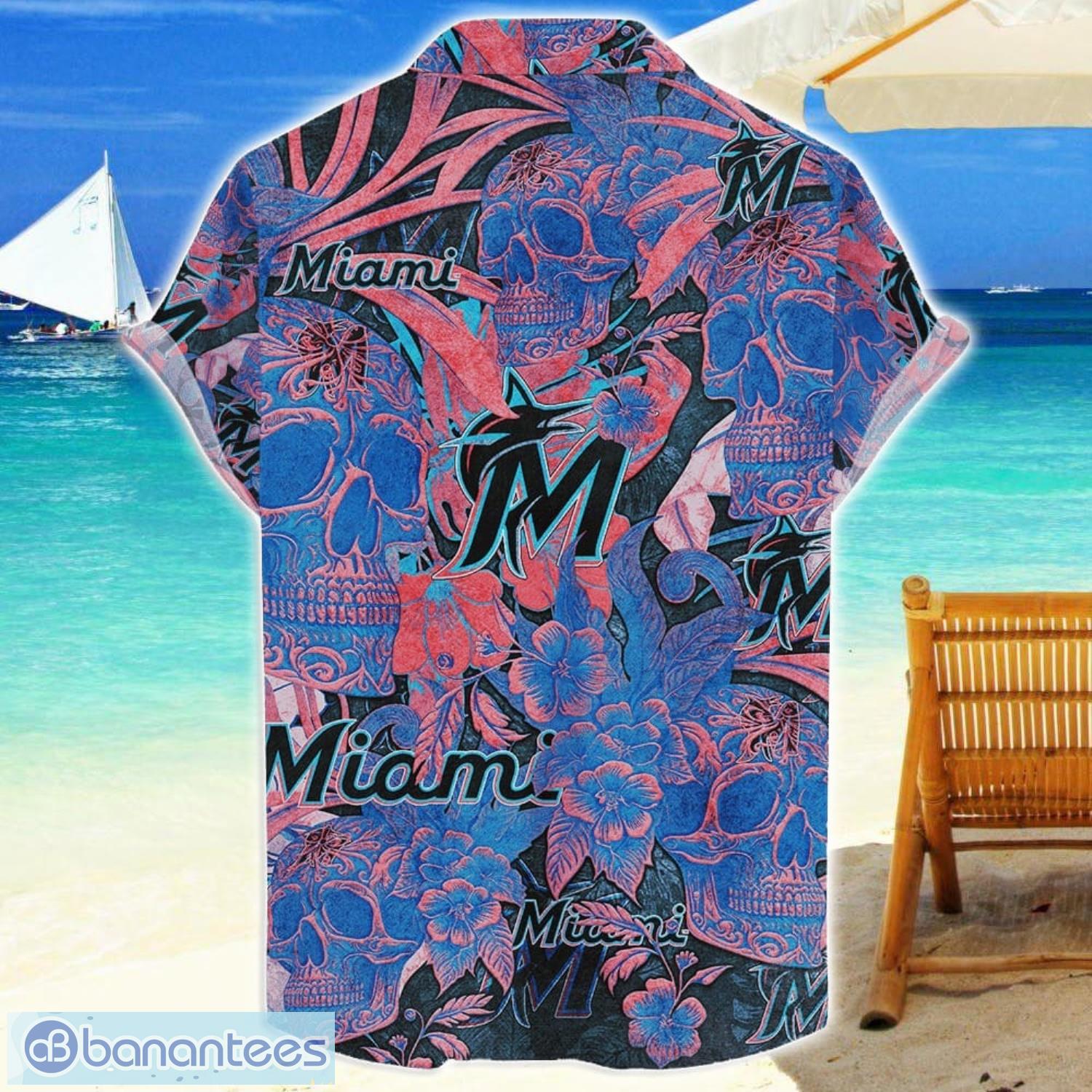 miami marlins flower and skull hawaiian shirt mlb team halloween shirt 1 image Miami Marlins Flower and Skull Hawaiian Shirt MLB Team Halloween Shirt Product Photo 2