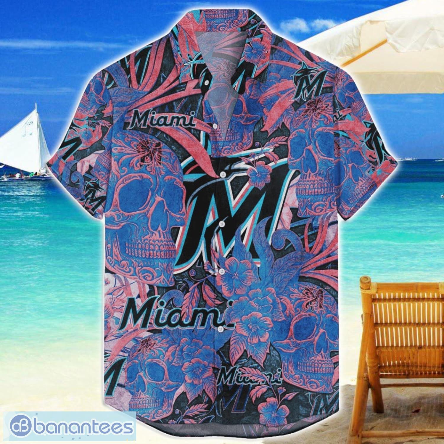 miami marlins flower and skull hawaiian shirt mlb team halloween shirt image Miami Marlins Flower and Skull Hawaiian Shirt MLB Team Halloween Shirt Product Photo 1