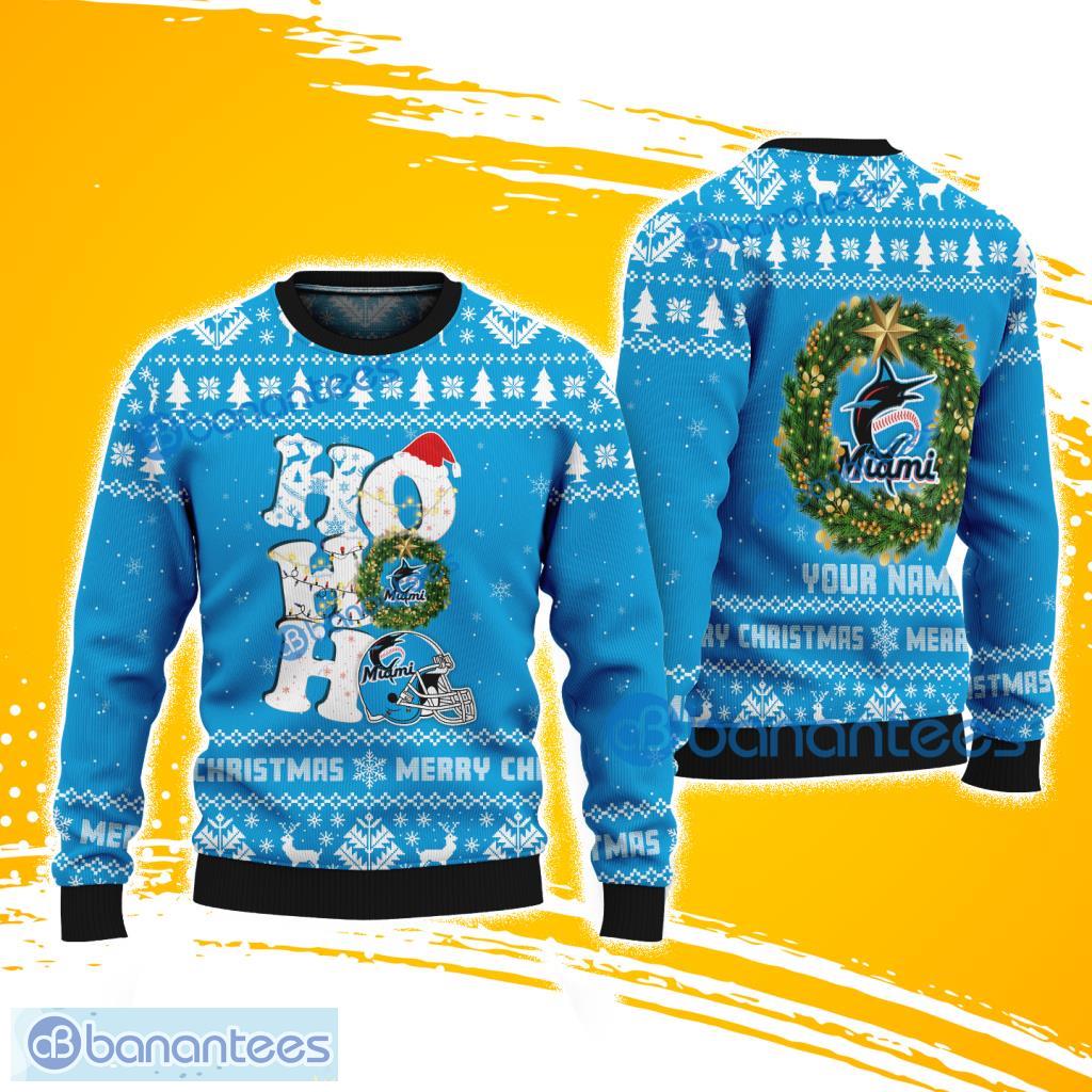 miami marlins mlb logo sport baseball ho ho ho hat santa ugly sweater christmas new designs image Miami Marlins MLB Logo Sport Baseball Ho Ho Ho Hat Santa Ugly Sweater Christmas New Designs Product Photo 1