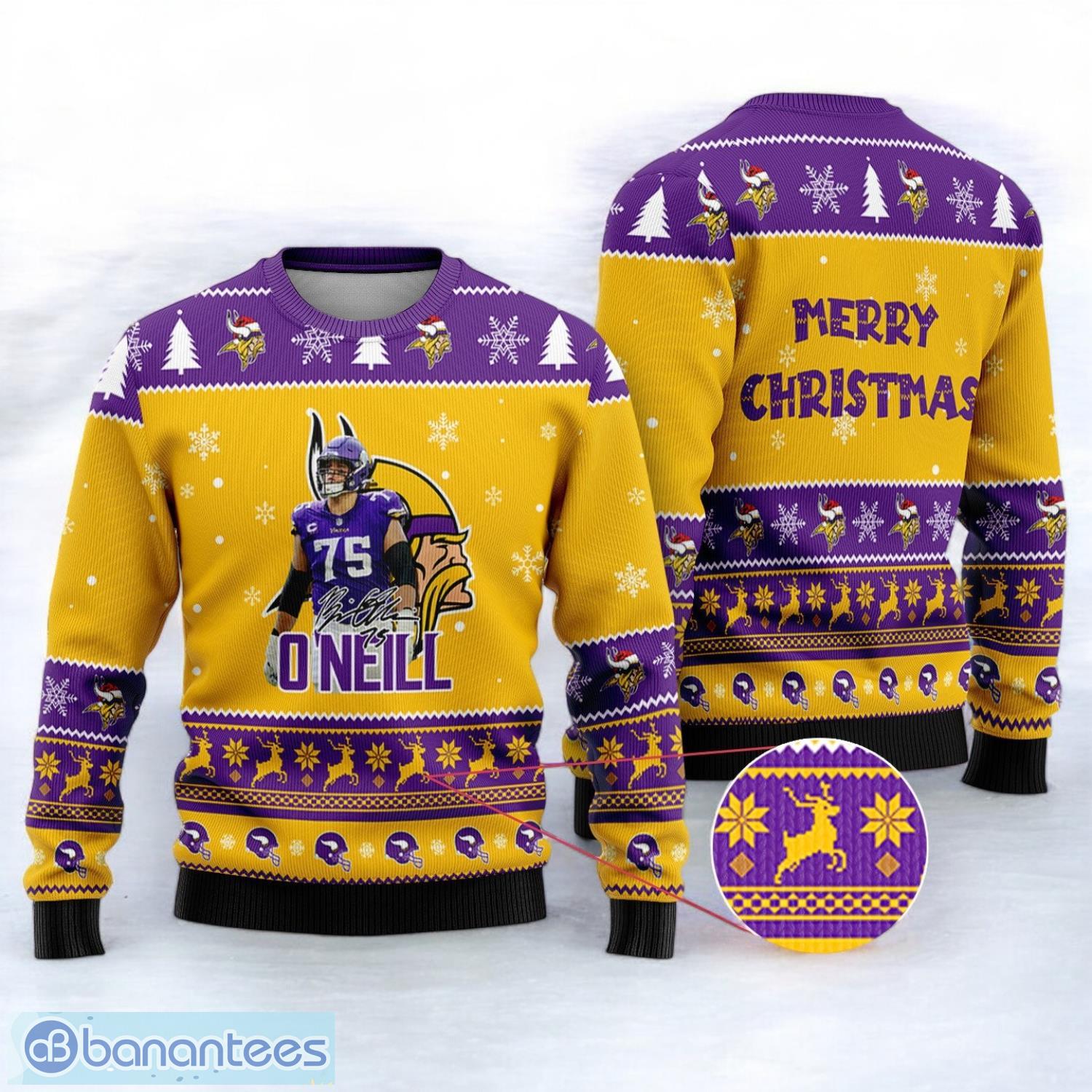 minnesota vikings brian oneill merry xmas sport player 3d ugly christmas sweater image Minnesota Vikings Brian O'Neill Merry Xmas Sport Player 3D Ugly Christmas Sweater Product Photo