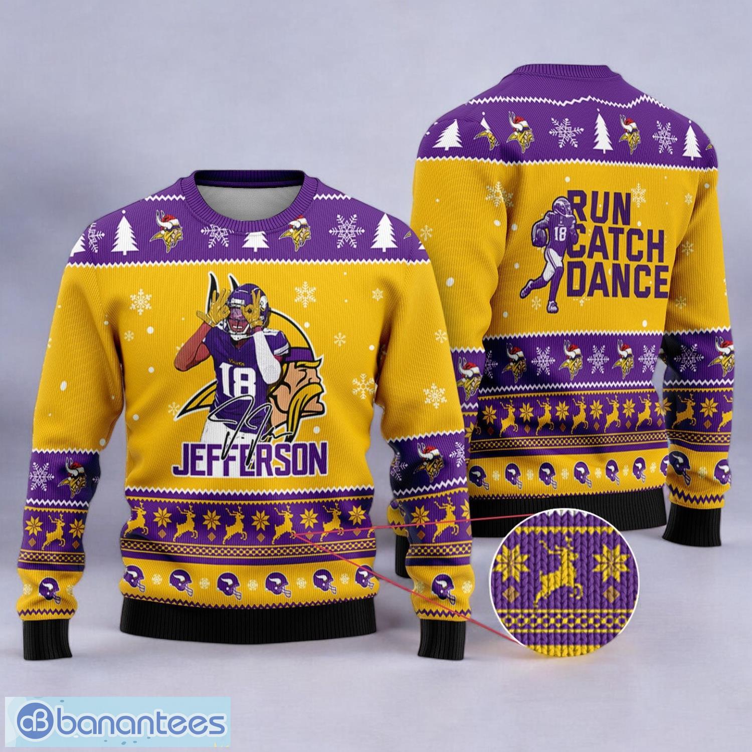 minnesota vikings justin jefferson 18 run catch dance sport player 3d ugly christmas sweater image Minnesota Vikings Justin Jefferson #18 Run Catch Dance Sport Player 3D Ugly Christmas Sweater Product Photo 1