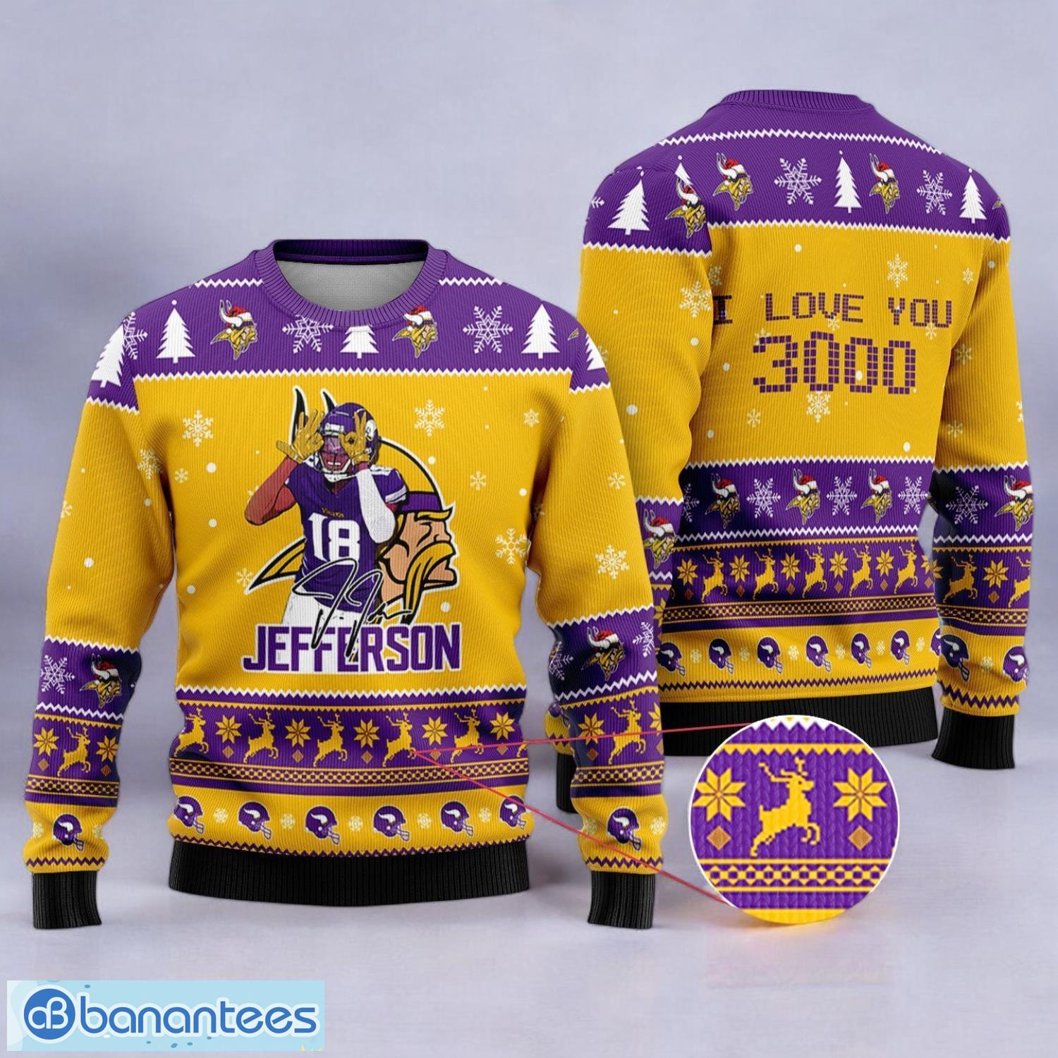 minnesota vikings justin jefferson i love you 3000 sport player 3d ugly christmas sweater image Minnesota Vikings Justin Jefferson I Love You 3000 Sport Player 3D Ugly Christmas Sweater Product Photo 1