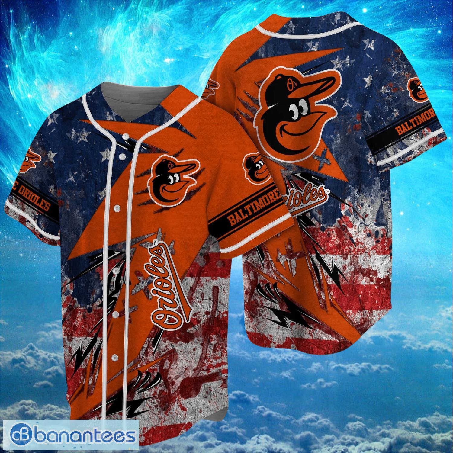 mlb baltimore orioles logo design us flag gifts baseball jersey shirt full print image MLB Baltimore Orioles Logo Design US Flag Gifts Baseball Jersey Shirt Full Print Product Photo 1